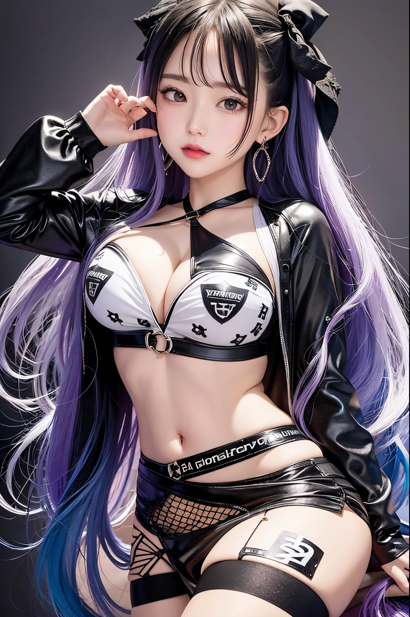 black and white, silver 3 color hair, long hair, Off-shoulder blouse, Pencil skirt, 17-year-old female,masterpiece,high quality, light skin, Brightly shining hair, (skinny:1.4), masterpiece,best quality, cute girl, Distinct image, full bangs, cute,skinny stomach,narrow waist,looking for viewer,dark double eyelids, Aegyo-sal under dark eyes,seductive smile,skin tight,nipples,kpop idols, aegyo sal, seductive smile,hair ribbon decoration,A little bit of cleavage is visible,[midriff],Wearing clothes that don&#39;t show your stomach,stocking,My stomach is dry