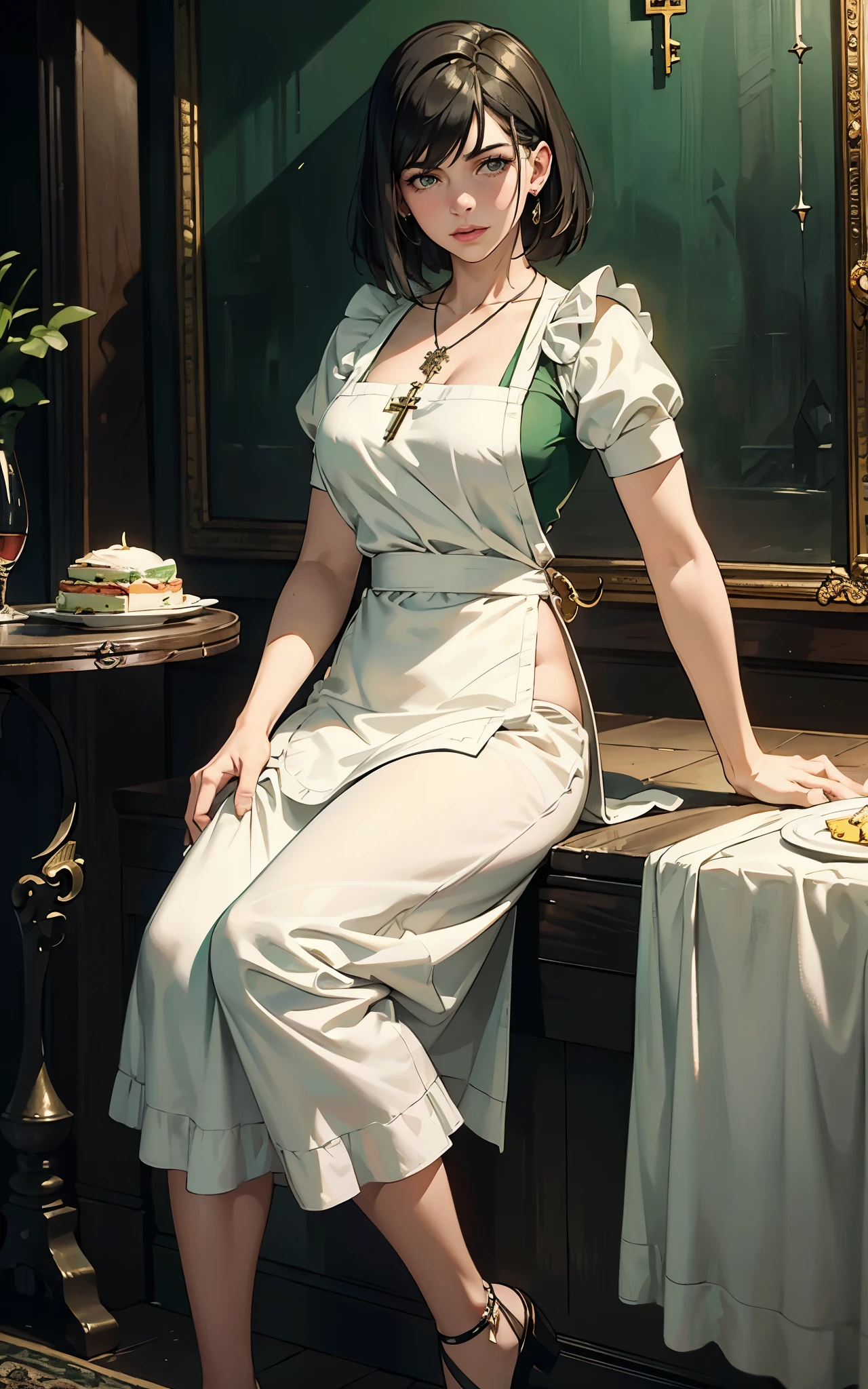 (Dua Lipa:Evangeline Lilly) waitress, (white apron), green shirt, 1920 style, masterpiece, Lovecraft atmosphere, (pendant of a key), hyperdetailed, ((rule of thirds))