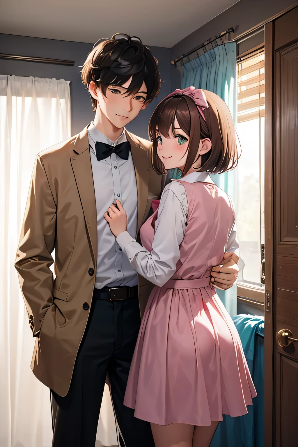 2Dancing among people, girl, high school student,alOne, One'Home, indoors, pink dress, brown hair,short hair, smile, blush, Teenage boy with black hair and brown eyes,boy, high school student, smile, white shirt, men's beige jacket, The man is wearing a green bow tie, Mechanical, short hair, blurred background, curtain,Backlight, letterbox