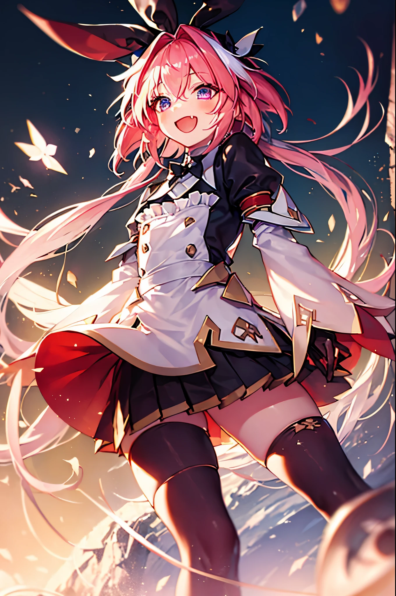 astolfo_saber, astolfo (fate), astolfo (saber) (fate), 1boy, otoko no ko, male focus, long hair, pink hair, blush, bangs, hair between eyes, twintails, purple eyes, white hair, hair bow, bow, ribbon, hair ribbon, multicolored hair, streaked hair, black ribbon, low twintails, hair intakes, rabbit, rabbit hair ornament, astolfo (saber) (third ascension), skirt, gloves, long sleeves, dress, black gloves, puffy sleeves, wide sleeves, bowtie, black dress, wing collar, black bow, buttons, skirt, white skirt, wing collar, juliet sleeves, black bowtie, layered skirt, pantyhose, black pantyhose, thighhighs, black thighhighs, standing infront of lightsource, lighting from behind, open mouth, fang, smug, cute, extremely detailed face, thick thighs, filmgrain, 