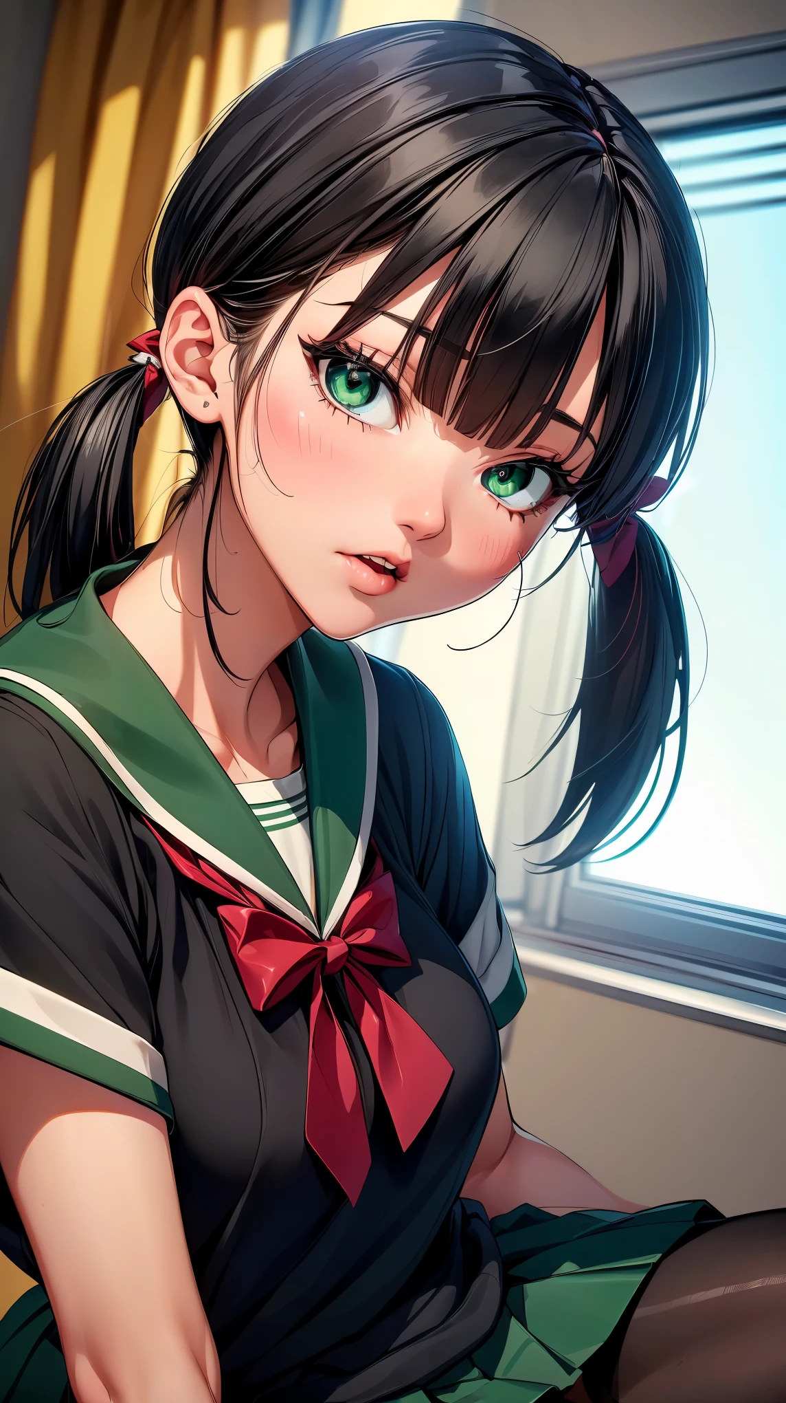 NSFW, (8K, RAW photo, highest quality, masterpiece:1.2), High-definition RAW color photo, Professional photography, cinematic light, alone, (((young woman))), (Sharp features), (small face), (high detail skin:1.2), clavicle, cute face, beautiful appearance, long eyelashes, (black hair, twin tails, Green pupils, sailor suit, pleated skirt), big breasts, (slim body shape:1.4), Very detailed face and skin texture, fine eyes, double eyelid, beautiful girl, After school pervert pantyhose club, オナ汁マンコbeautiful girl, open your mouth, ((Masturbation addiction that makes you cum)), Squirting masturbation,