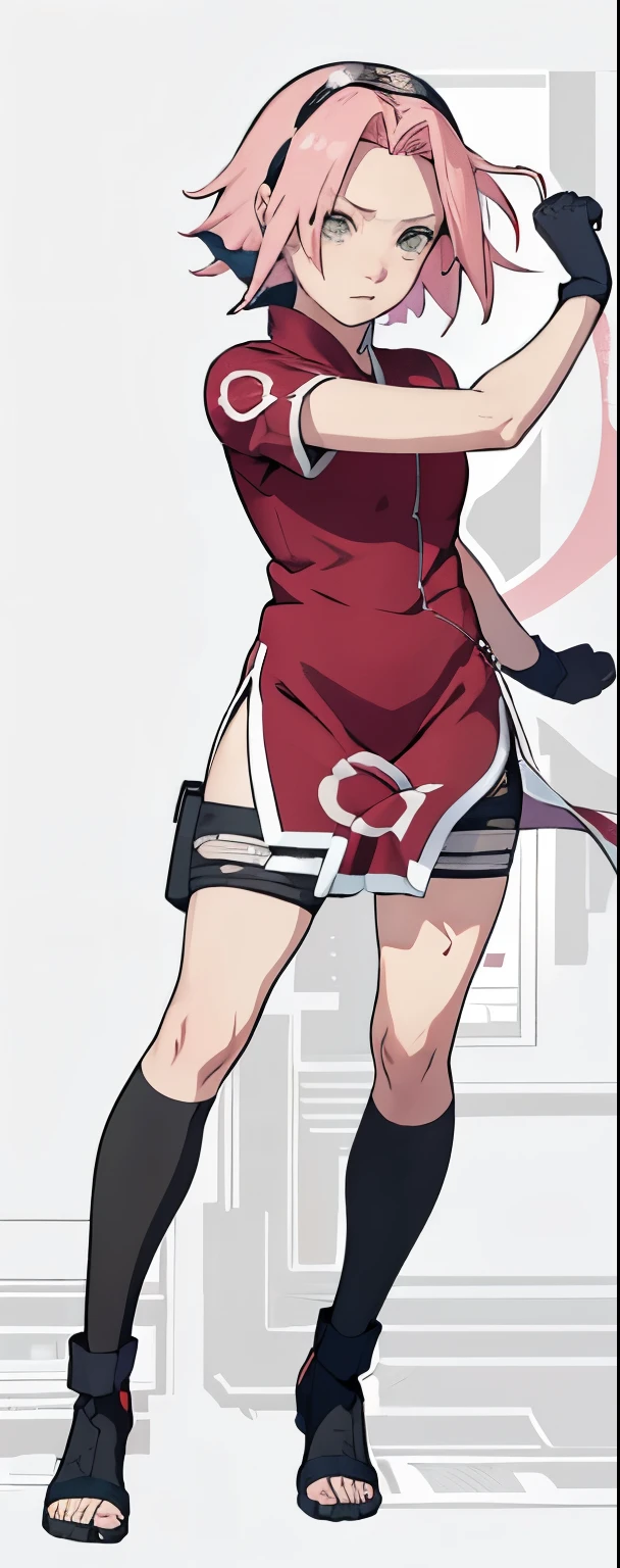 ((Best quality)), ((masterpiece)), ((details)), no background image, perfect body, perfect face, sakura haruno, standing, looking at viewer, 1girl, solo, short hair, pink hair, green eyes, hands clenched into fists, black gloves, both hands clasped, qipao dress red colour with round white mark in the middle clothes, open dress, seen underwear, black underwear, tight shortpants, transparent shortpant, seen pussy, detail, white thigh tie on right thigh, black high boot, black high knee sock, realistic, ultra high image quality, 8k, 8k wallpaper, 70mm lens camera.