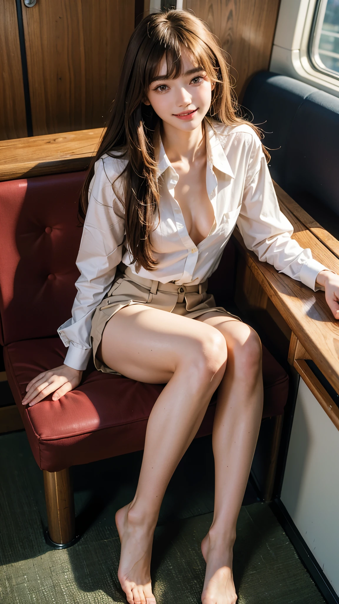 highest quality, masterpiece, ultra high resolution, (realistic:1.4), (portrait) RAW photo, 1 girl, 22 years ago,slender body,Medium chest,beautiful feet,beautiful feet,((cabin attendant)),((uniform)),((long hair with straight bangs)),((looking up at the viewer)),(blush),masterpiece, realistic pictures, ((small breasts)),((toothy smile)),