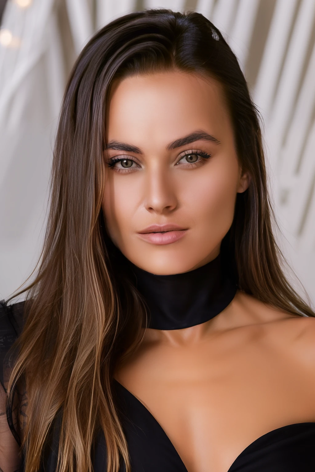 a SFW Portrait of Dominika C woman, Beautiful, ((wearing a elegant black dress designed by Chanel)), alluring, ((perfect seductive eyes)), perfect face details, (highly detailed skin:1.1), ???????