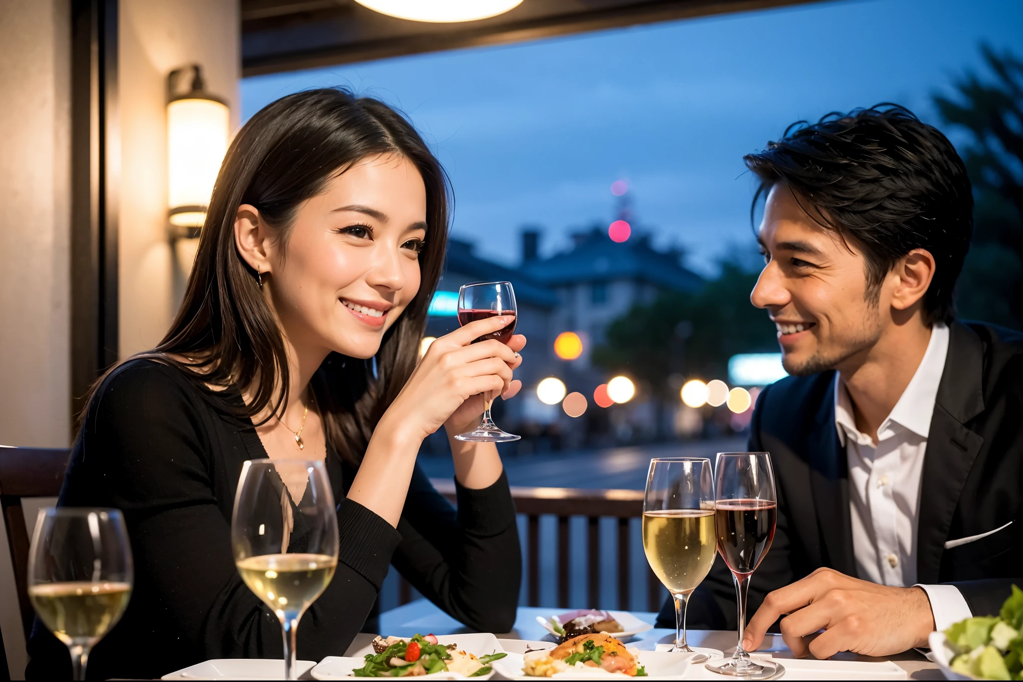 64k, UHD, highest quality, masterpiece: 1.2), (realistic, photorealistic: 1.37),やわらかなsmile、kind expression、 Super detailed, celebration party、beauty、Charm、beautiful mature woman、3 women who love wine、three men、champagne、Sparkling wine、winter night、restaurantでワイン宴会、(slimな男女4名),(Wine party for 5 people)、(slimフェイス),Happy、 最高なsmile、Fox Face、Berry Short、(because I'thin), (brown hair), (shortcut), long sleeve shirt、winter fashion、Colombia、Brazilian、Japanese、Dutch、German、Portuguese、Belgian、Italian、french, (gushing), (slimボティ), (brown hair), (shortcut), 端正なbeauty、cheeks blush a little, (41 years old), 38 years old, 35 years old、32 years old、 A beautiful and detailed night view spreads out outside the window........, restaurant, wine glassが座っている, At night, in a prominent place (from the Upper body) nova frog style, actress, model, Upper body, White wine, slim, wine glass, very beautiful night view, wine glass Put in the Middle, Happy smile, (smile: 1.15),
