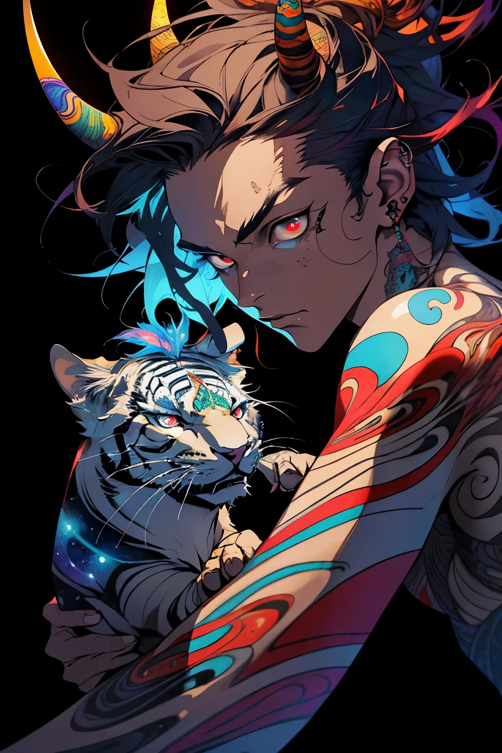 Realistic, (Masterpiece, Top Quality, Best Quality, Official Art, Beauty and Aesthetics, atmospheric, cosmic, gothic, psychedelic: 1.2), Very Detailed, Fractal Art, Colorful, Most Detailed, Zentangle, (Abstract Background: 1.5) (1boy: 1.3), demon, oni horns, long White Hair, Hair, (Glowing Red Eyes, tons oftattoos and piercings), Mysterious, (dark Magic), Handsome Man, japanese folklore Style