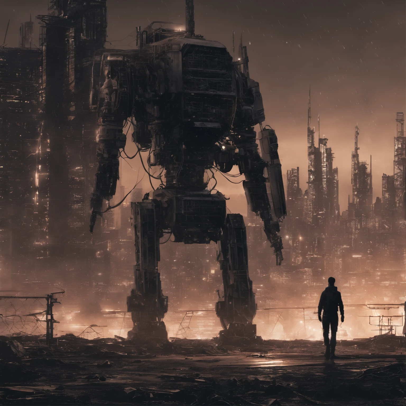((super long exposure photography)) high quality, きわめてdetailed, war training ground、100with colorful neon dots on the body100Beautiful pure ????? body100silhouette of woman, Beautiful silhouette of a space base and an abandoned robot factory hit by a tsunami,The terrifying King of Mars falls from the sky.、Many undulating thick copper tubes crawling on the ground like snakes.、 Digital city and other electronic devices raining electrons in the background, by Asakura, detailed,