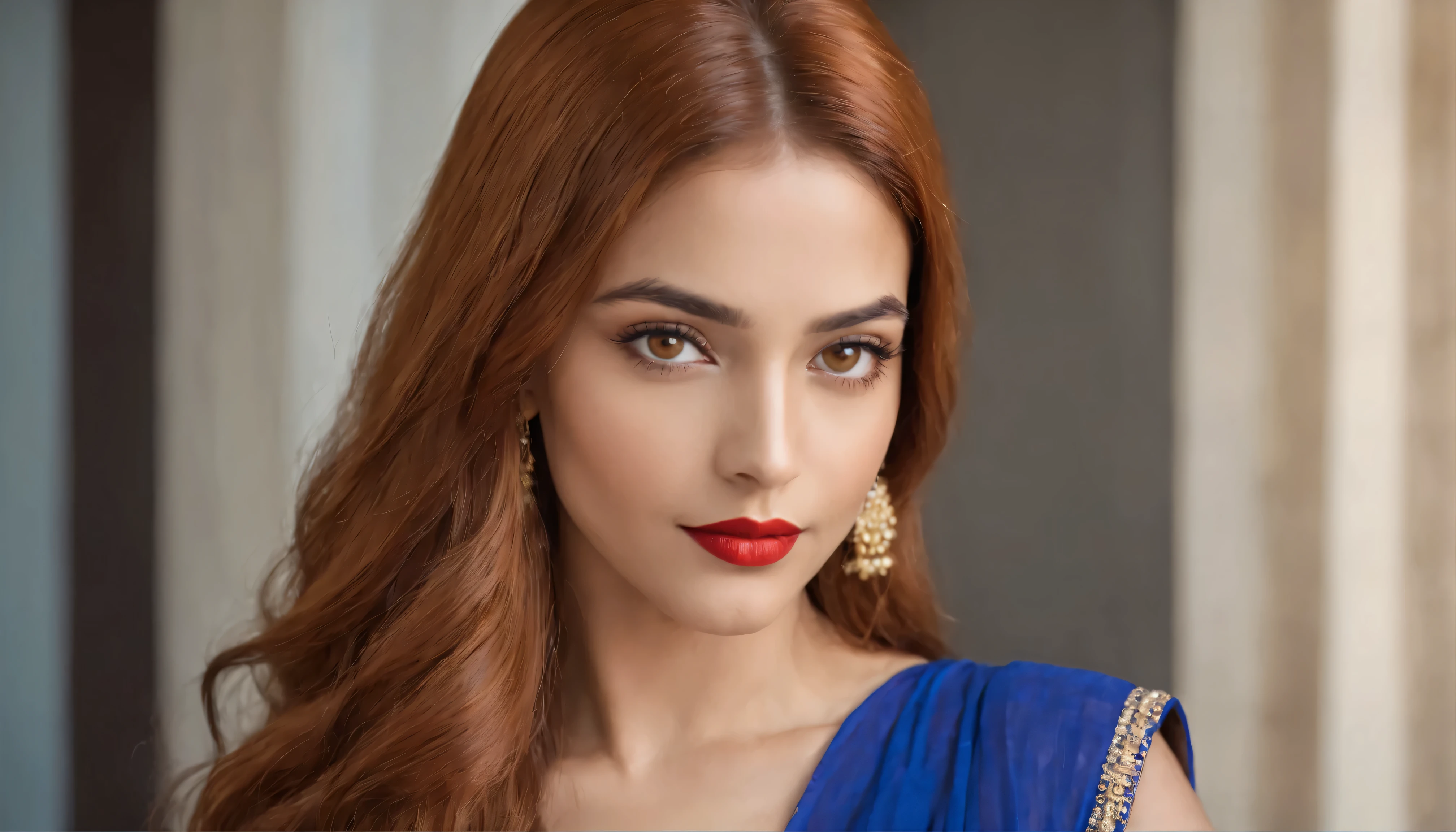age 20 years , ((long orange-chocolate hair)), ((Honey-colored eyes)) ((Red lips)) , ((Gorgeous symmetrical face)), Full length photo in a blue dress., create a beautiful Indian girl, miss india 8k