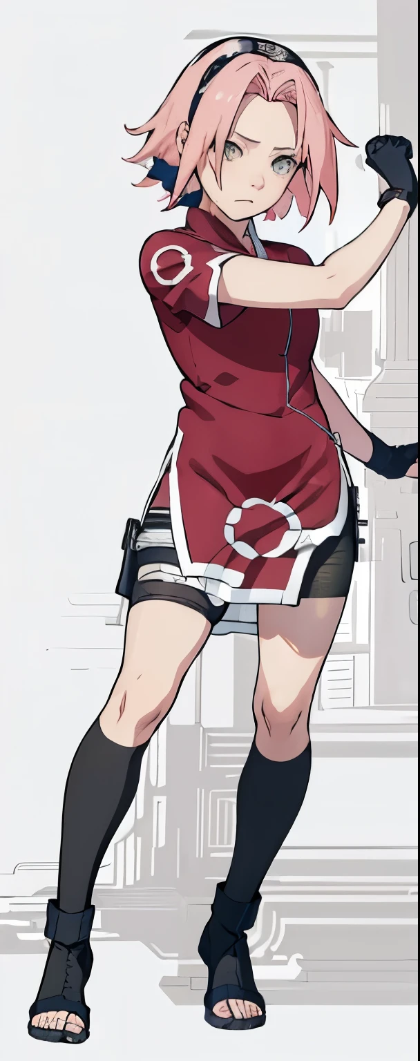 ((Best quality)), ((masterpiece)), ((details)), no background image, perfect body, perfect face, sakura haruno, standing, looking at viewer, 1girl, solo, short hair, pink hair, green eyes, hands clenched into fists, black gloves, both hands clasped, qipao dress red colour with round white mark in the middle clothes, open dress, seen underwear, black underwear, tight shortpants, transparent shortpant, seen pussy, detail, white thigh tie on right thigh, black high boot, black high knee sock, realistic, ultra high image quality, 8k, 8k wallpaper, 70mm lens camera.