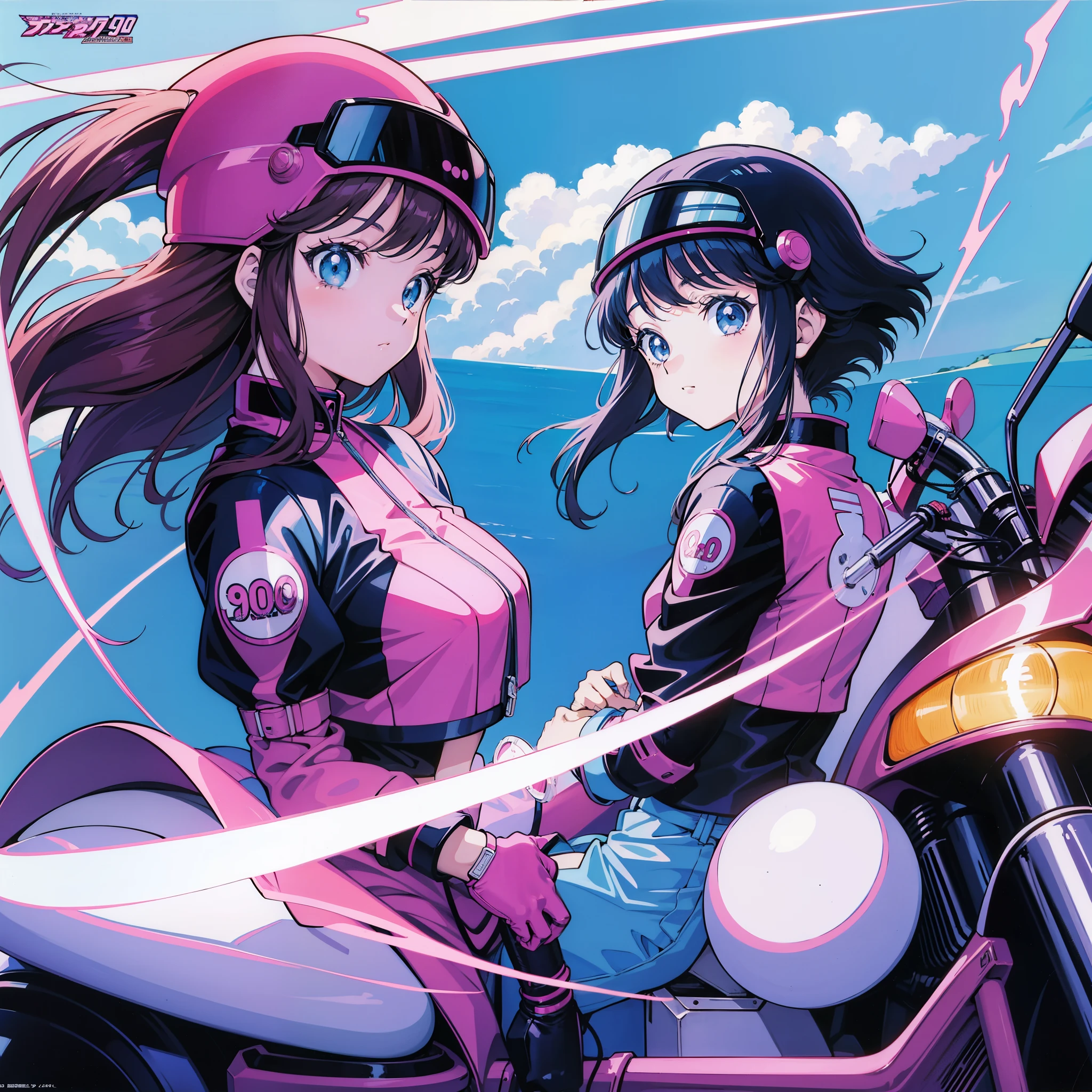 Anime girl wearing a helmet and riding a motorcycle,with the light on, 90's anime art style, 80's anime art style, In the art style of 80's anime, 9 0 s anime aesthetic, retro anime images, 90s anime style, 90s anime style, 80s anime style, 1980's anime style、poster of