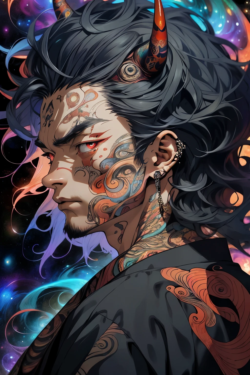 Realistic, (Masterpiece, Top Quality, Best Quality, Official Art, Beauty and Aesthetics, atmospheric, cosmic, gothic, psychedelic: 1.2), Very Detailed, Fractal Art, Colorful, Most Detailed, Zentangle, (Abstract Background: 1.5) (1boy: 1.3), demon, oni horns, long White Hair, Hair, (Glowing Red Eyes, tons oftattoos and piercings), Mysterious, (dark Magic), Handsome Man, japanese folklore Style