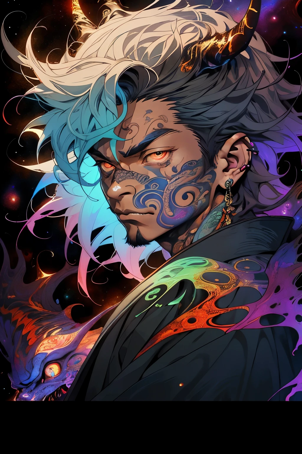 Realistic, (Masterpiece, Top Quality, Best Quality, Official Art, Beauty and Aesthetics, atmospheric, cosmic, gothic, psychedelic: 1.2), Very Detailed, Fractal Art, Colorful, Most Detailed, Zentangle, (Abstract Background: 1.5) (1boy: 1.3), demon, oni horns, long White Hair, Hair, (Glowing Red Eyes, tons oftattoos and piercings), Mysterious, (dark Magic), Handsome Man, japanese folklore Style