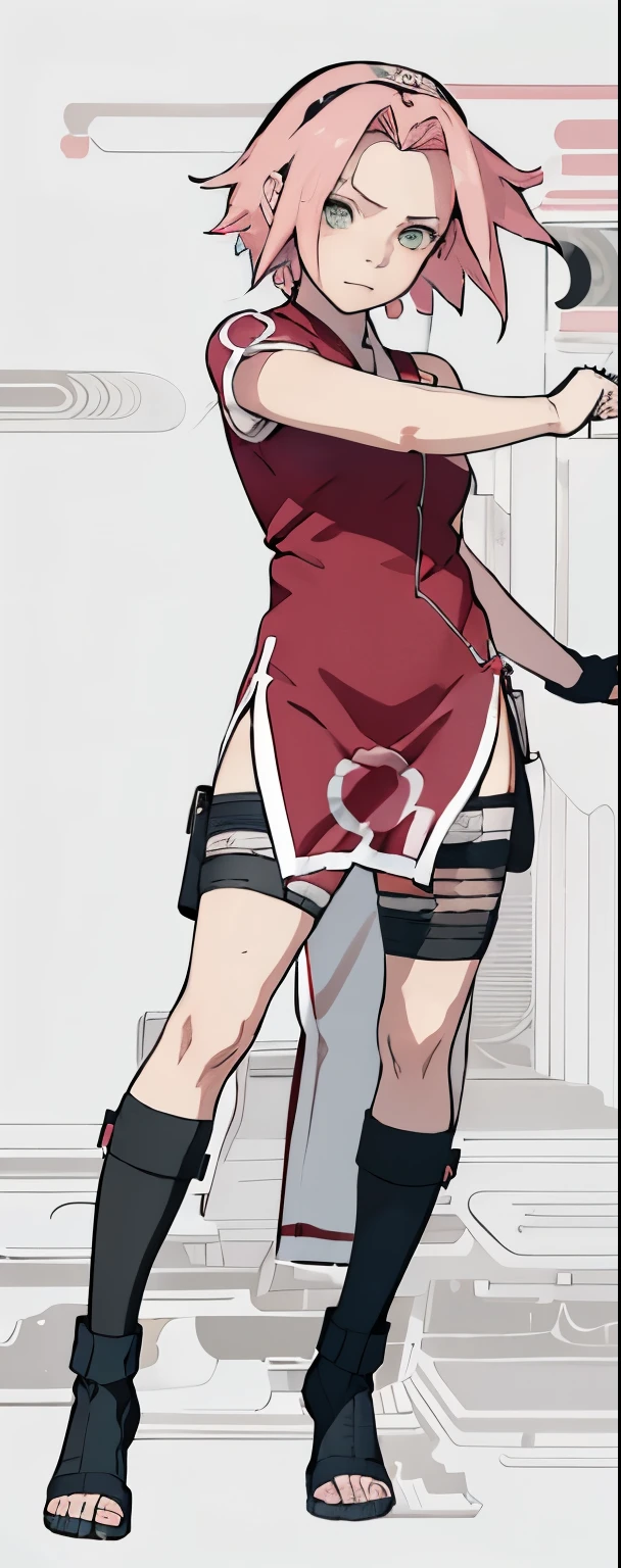 ((Best quality)), ((masterpiece)), ((details)), no background image, perfect body, perfect face, sakura haruno, standing, looking at viewer, 1girl, solo, short hair, pink hair, green eyes, hands clenched into fists, black gloves, both hands clasped, qipao dress red colour with round white mark in the middle clothes, open dress, seen underwear, black underwear, tight shortpants, transparent shortpant, seen pussy, detail, white thigh tie on right thigh, black high boot, black high knee sock, realistic, ultra high image quality, 8k, 8k wallpaper, 70mm lens camera.