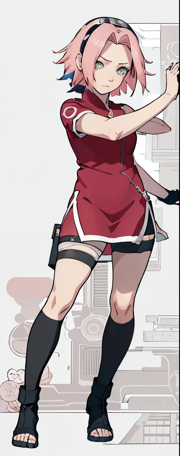 ((Best quality)), ((masterpiece)), ((details)), no background image, perfect body, perfect face, sakura haruno, standing, looking at viewer, 1girl, solo, short hair, pink hair, green eyes, hands clenched into fists, black gloves, both hands clasped, qipao dress red colour with round white mark in the middle clothes, open dress, seen underwear, black underwear, tight shortpants, transparent shortpant, seen pussy, detail, white thigh tie on right thigh, black high boot, black high knee sock, realistic, ultra high image quality, 8k, 8k wallpaper, 70mm lens camera.