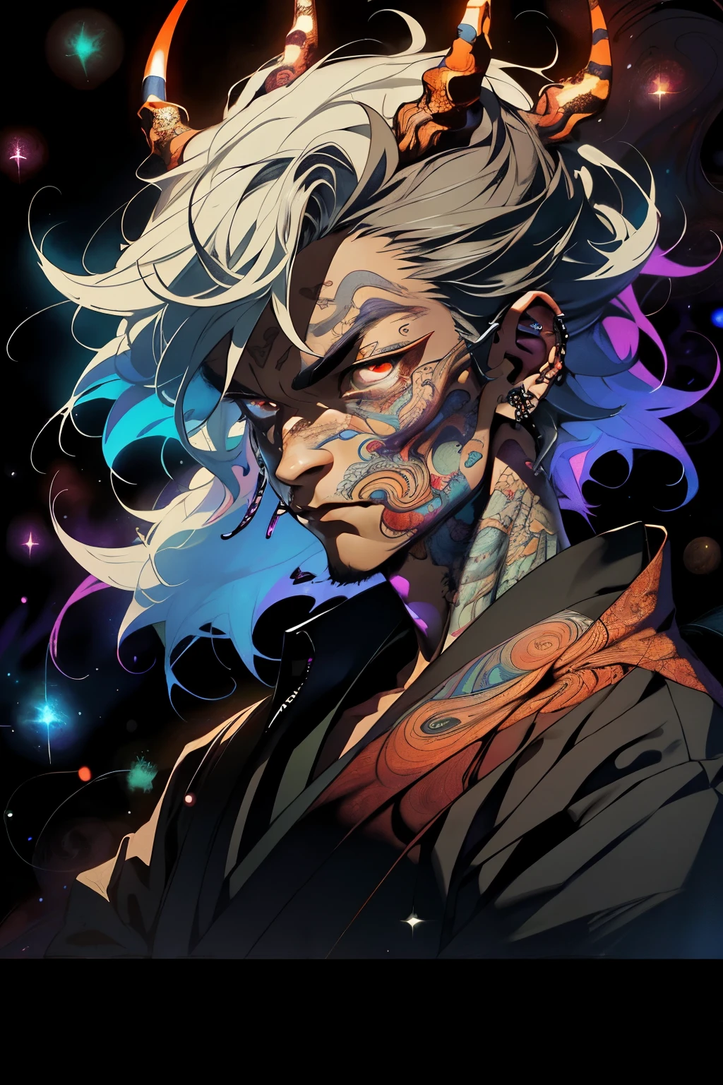 Realistic, (Masterpiece, Top Quality, Best Quality, Official Art, Beauty and Aesthetics, atmospheric, cosmic, gothic, psychedelic: 1.2), Very Detailed, Fractal Art, Colorful, Most Detailed, Zentangle, (Abstract Background: 1.5) (1boy: 1.3), demon, oni horns, long White Hair, Hair, (Glowing Red Eyes, tons oftattoos and piercings), Mysterious, (dark Magic), Handsome Man, japanese folklore Style