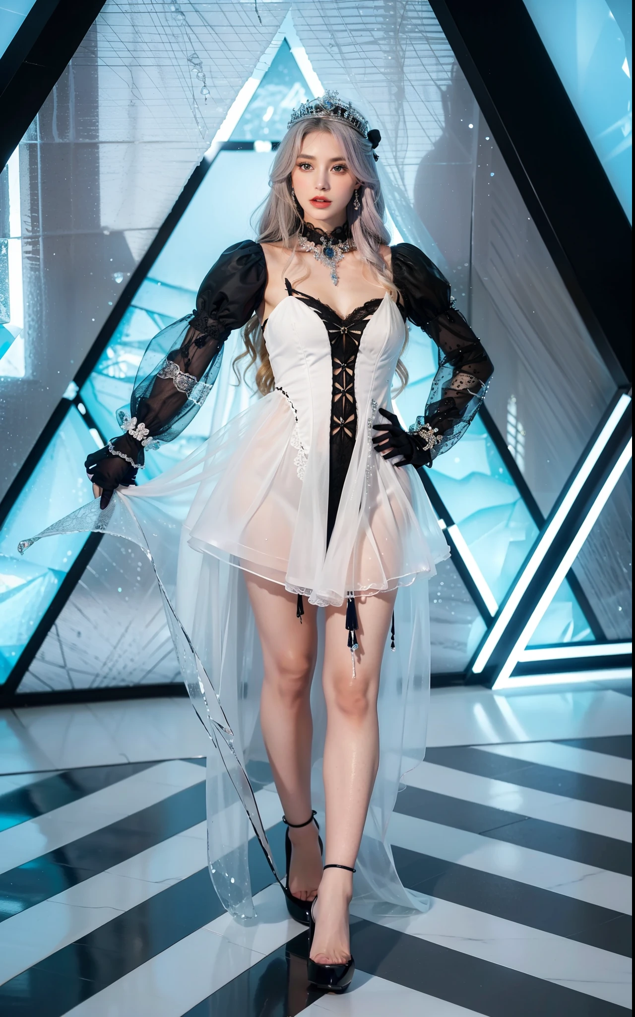Royal sister,exquisite eyes,Detailed facial expressions body,tall figure,Leg length,4K,HD,Translucent lace,Fair and plump figure,pretty face,Little cherry mouth,beautiful and delicious(3D royal sister),exquisite dress,Wear crystal jewelry,Gorgeous crystal gems,Gem and jewelry crown,The colors of the picture are very vibrant,Gorgeous ice and snow princess,