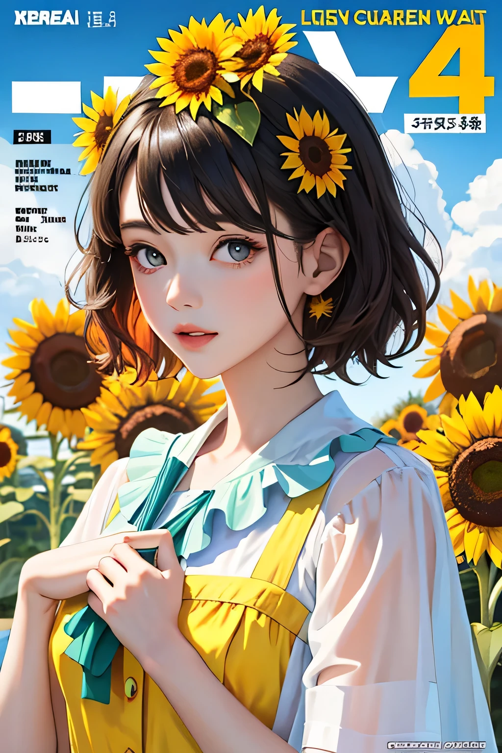 masterpiece, highest quality, Summer costumes, colorful hair, outdoor, magazine cover ,Upper body,wavy short hair,short sleeve,sunflower