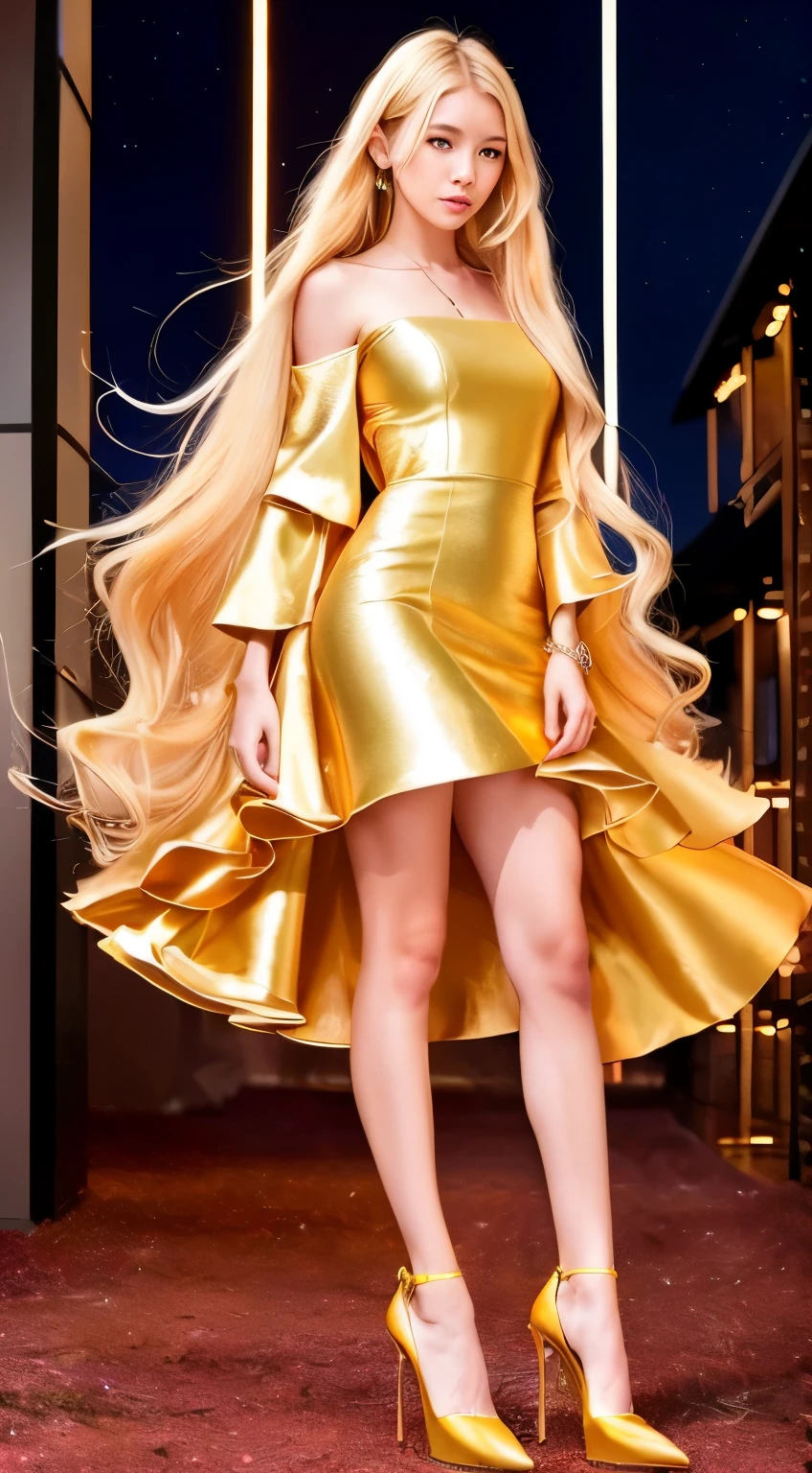 (a girl with) blonde hair, golden dress, full body shot, high heels, long hair, (standing in front of a) night sky, (in a) deserted wilderness, (best quality,4k,8k,highres,masterpiece:1.2), ultra-detailed, (realistic,photorealistic,photo-realistic:1.37), HDR, UHD, studio lighting, ultra-fine painting, sharp focus, physically-based rendering, extreme detail description, professional, vivid colors, bokeh, portraits, landscape, (colorful and vibrant tones), (soft and warm lighting).背景を荒野