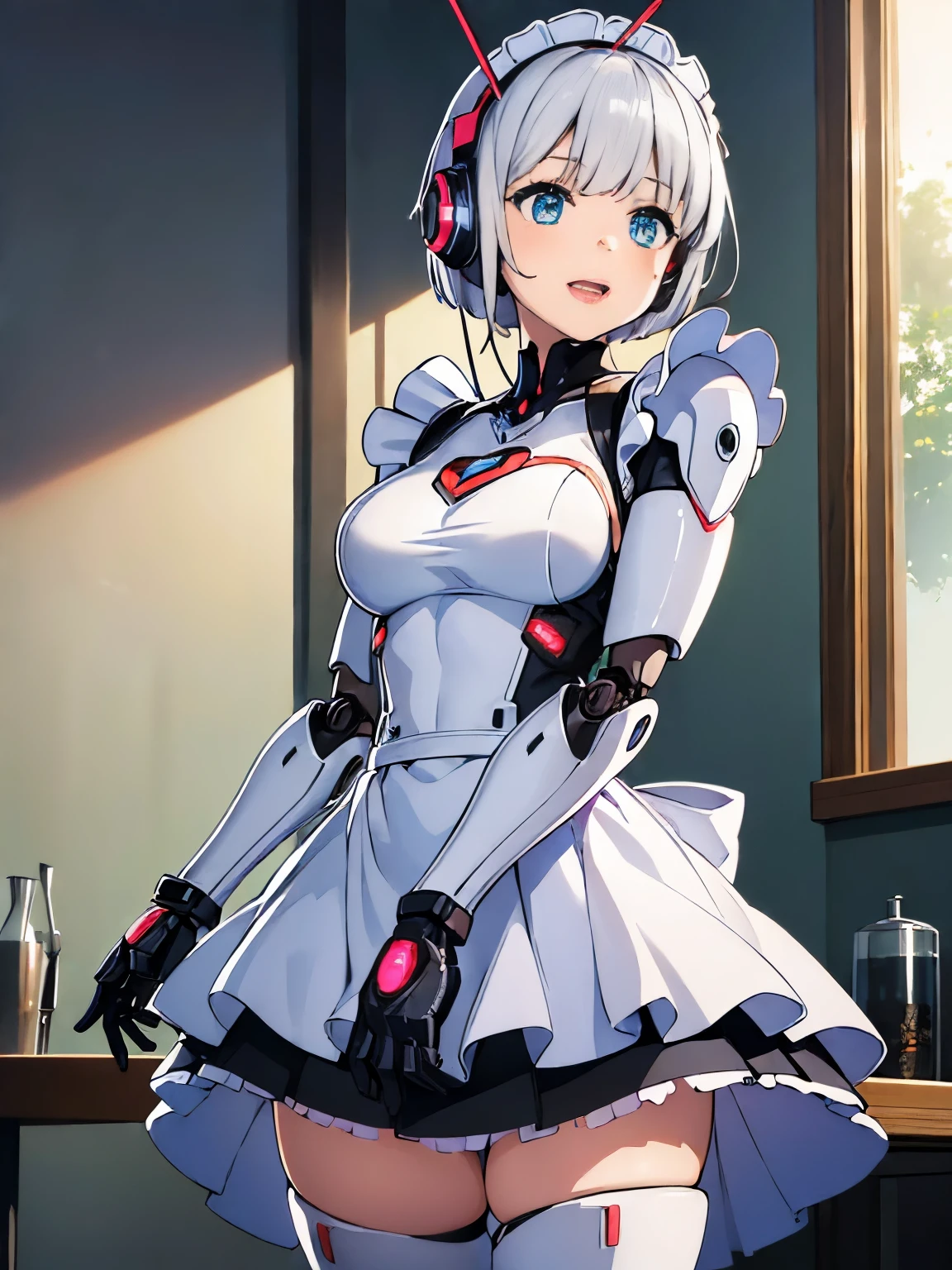 (((1 female:1.8)))、(((full body description)))、(((Standing depiction)))、(((9th class)))、Beautiful woman in moe pose in futuristic white shiny heavy armored robot suit、perfect android girl, gynoid cyborg body, perfect anime cyborg woman, beautiful female android!, female robot, fully robotized!! girl, Cute cyborg girl, cyber suit, メカサイバーアーマーを着たgirl, cyber suit, beutiful white girl cyborg, beautiful female android, Beautiful girl cyborg、Cute robot woman with white silver short bob hair、Gravure Model Android Beautiful Girl、(明るいsmile:1.3)、(((Headphones with long sensor antennas in both ears)))、(robot girl)、(((美しいgirlアンドロイド)))、(((重装甲メイド服を着たgirl)))、(((White heavy armored robot girl in maid clothes)))、(((White heavy armored robot beautiful girl in miniskirt and maid clothes)))、(((Beautiful girl in white heavy armored maid robot)))、(((Cyborg Maid Beautiful Girl)))、(((Robot beautiful girl wearing white shiny heavy armored maid clothes)))、(((waitress))),(smile:1.6)、(((open your mouth)))、Proper body proportions,table top,Ultra high quality output image,High resolution,intricate details,very delicate and beautiful hair,(Photoreal:1.3)realistic pictures,dream-like,professional lighting,realistic shadow,focus only,well-groomed face,Big eyes,beautiful hands,beautiful fingers,Detailed functions of fingers,Detailed features of the garment,Detailed characteristics of hair,detailed facial features,