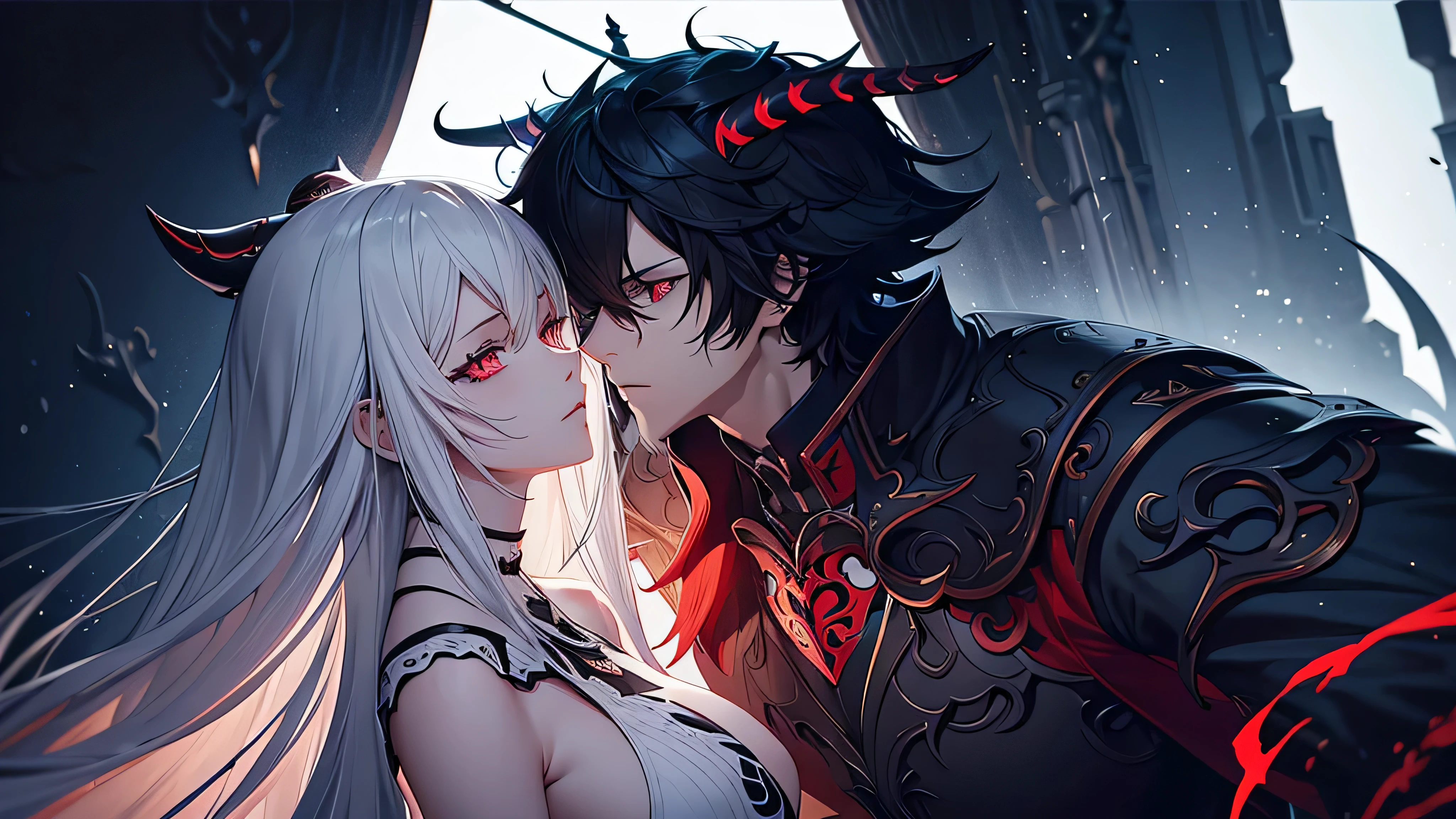 anime style art, short 1girl with long fluffy white hair, tall 1guy with medium fluffy black hair, 2 people, couple holding hands, red eyes, one horn, shattered horn, dark bedroom, one black horn, Stunning Digital Illustration, beautiful digital works of art, gorgeous digital art, Exquisite digital illustration, stunning digital painting, Beautiful digital art, beautiful gorgeous digital art, stunning digital art, amazing digital art, Gorgeous Digital Painting, beautiful digital illustrations, highly detailed digital artwork, beautiful eyes, detailed eyes