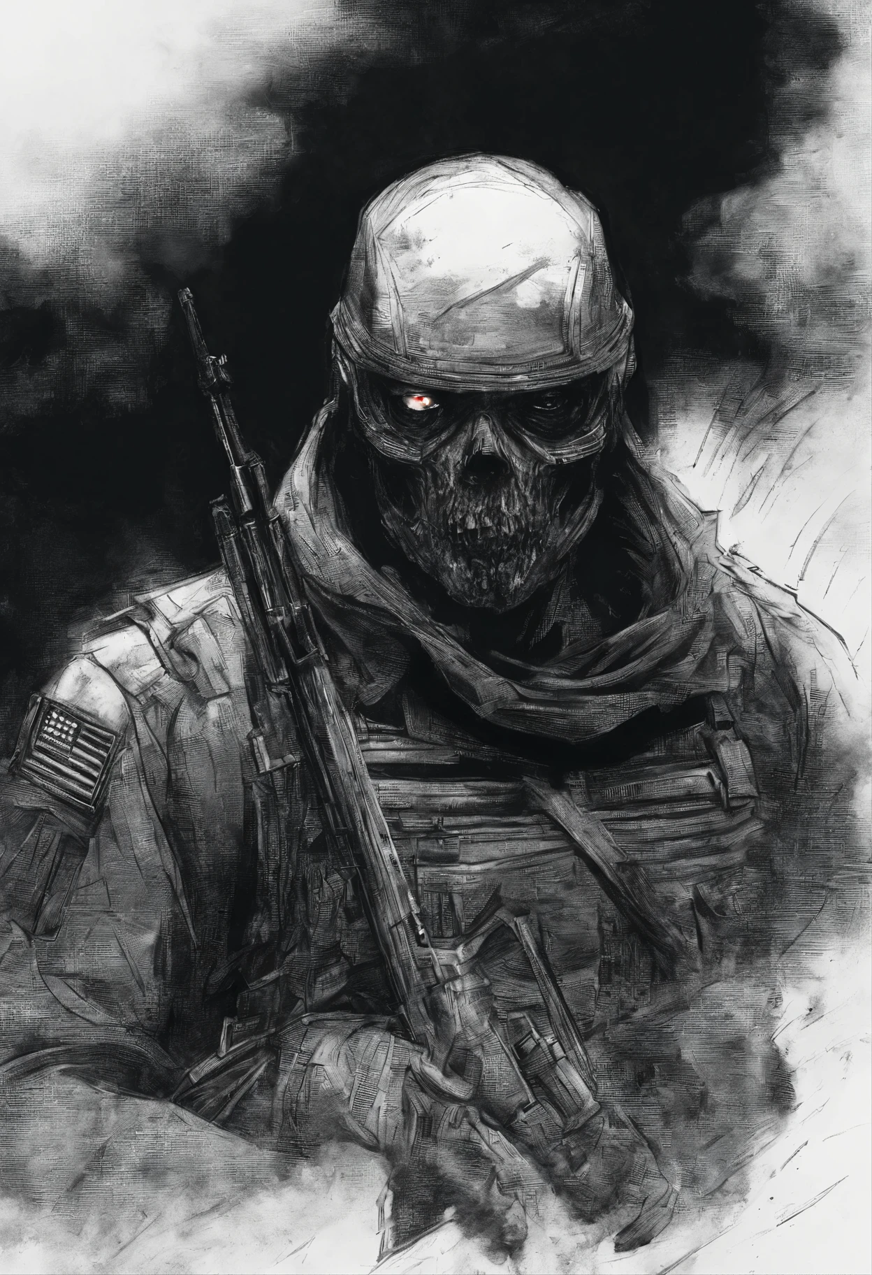Angry modern special soldier character sketch, surreal, artistic, black red and white,Narrowed pupils,Blood,scar,silent,Red glowing eyes,east asian man face,Carrying a human head in his hand,