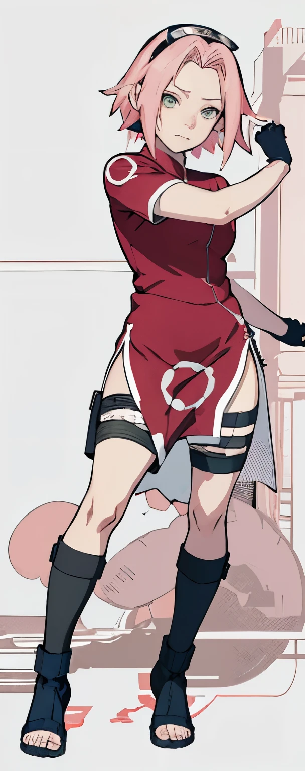 ((Best quality)), ((masterpiece)), ((details)), no background image, The image background is plain white, there is no background, perfect body, perfect face, sakura haruno, standing, looking at viewer, 1girl, solo, short hair, pink hair, green eyes, hands clenched into fists, black gloves, both hands clasped, qipao dress red colour with round white mark in the middle clothes, open dress, seen underwear, black underwear, tight shortpants, transparent shortpant, seen pussy, detail, white thigh tie on right thigh, black high boot, black high knee sock, realistic, ultra high image quality, 8k, 8k wallpaper, 70mm lens camera.