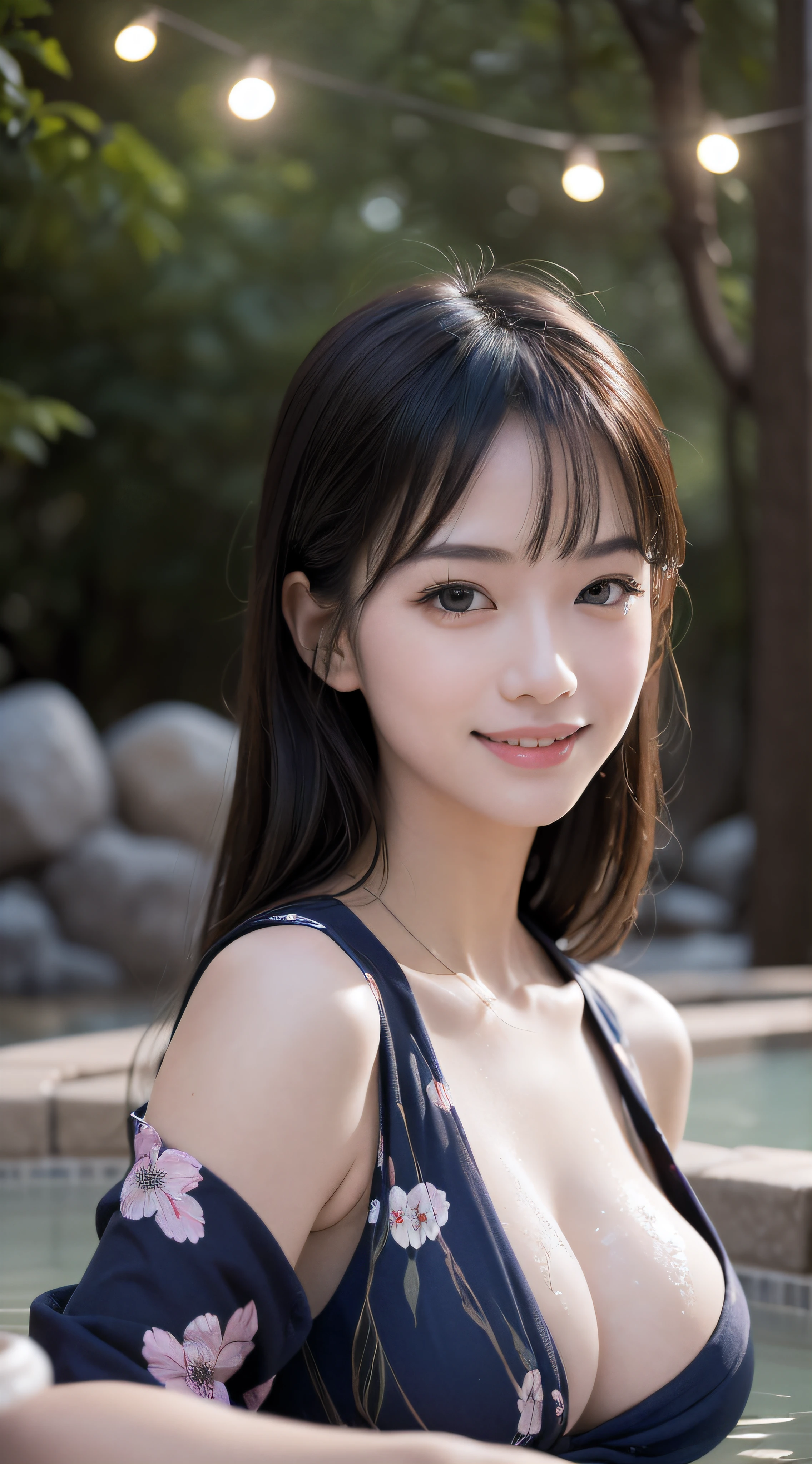 1 girl, very cute face, wonderful face and eyes, (highly detailed eyes, highly detailed face), Fresh, very beautiful appearance, (超realistic, High resolution), (highest quality:1.4), RAW photo, (realistic, Photoreal:1.37), professional photography, cinematic light, (floral pattern yukata:1.25), (amazing big tits:1.1), (Open yukata), (bare shoulders), smile a little, look at me, outdoor, hot water spring, (open-air bath at night:1.5), (dark forest), wood, rock, lantern light, candle light,
