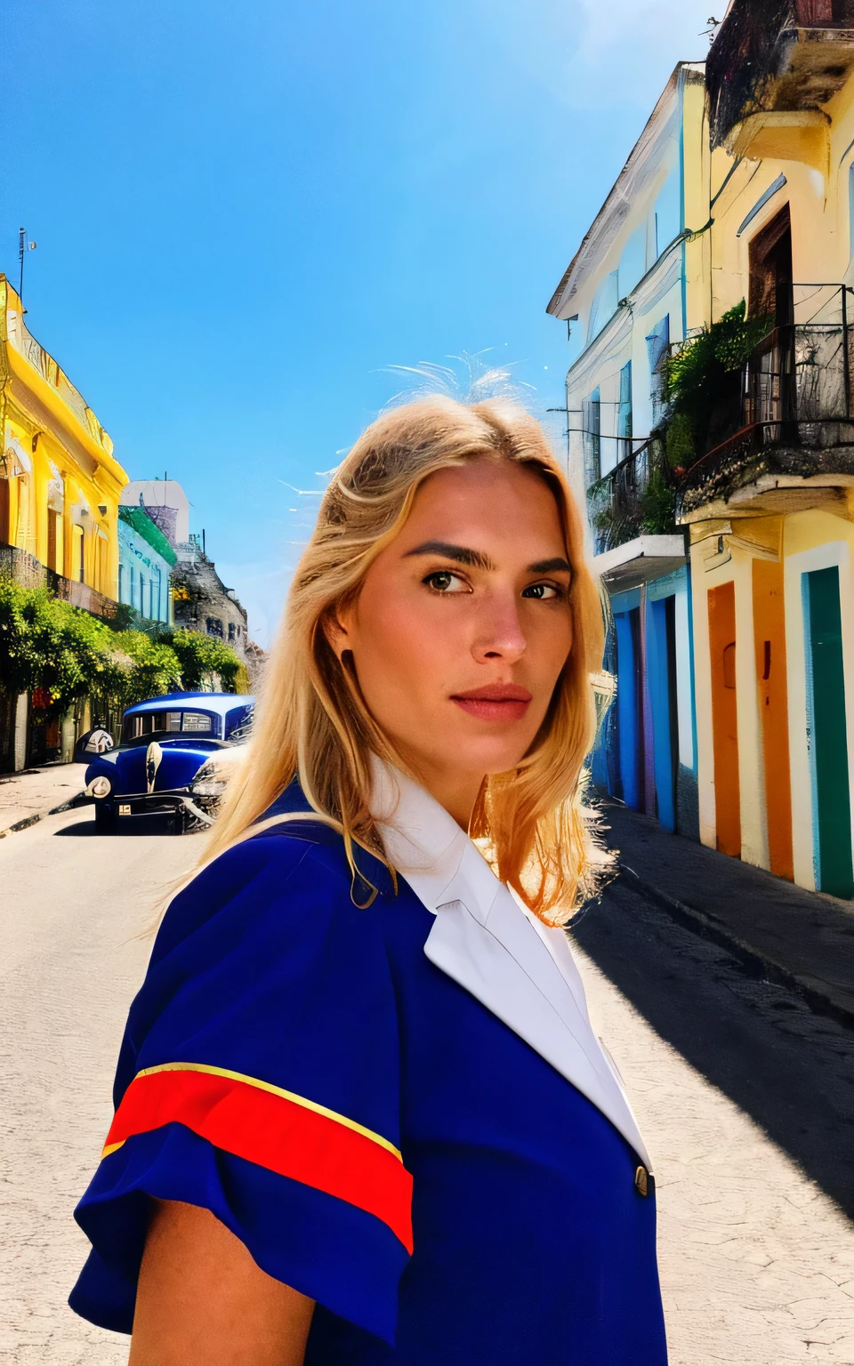 ultradetailliert,(realistisch,photorealistisch,photo-realistisch),Instagram Post,eine atemberaubende Kubanerin, Her personality is reminiscent of Havana&#39;s timeless charm. Ihre Augen, voller Geschichten, The eyes are a light shade of green, Weisheit mit einem Hauch von Unfug ausstrahlend. Ihre Lippen, reich und rot, reflect the vitality of Cuban culture. Ihre Haare, as blonde and flowing as gold, umrahmt ihr Gesicht. In einem traditionellen kubanischen Outfit gekleidet, Die leuchtenden Farben scheinen den Geist Kubas widerzuspiegeln. The area around her features a mix of symbolic street scenes from Cuba – vintage cars, colorful buildings, und der himmlisch blaue Himmel. Photorealistisch, high resolution, Instagram Post