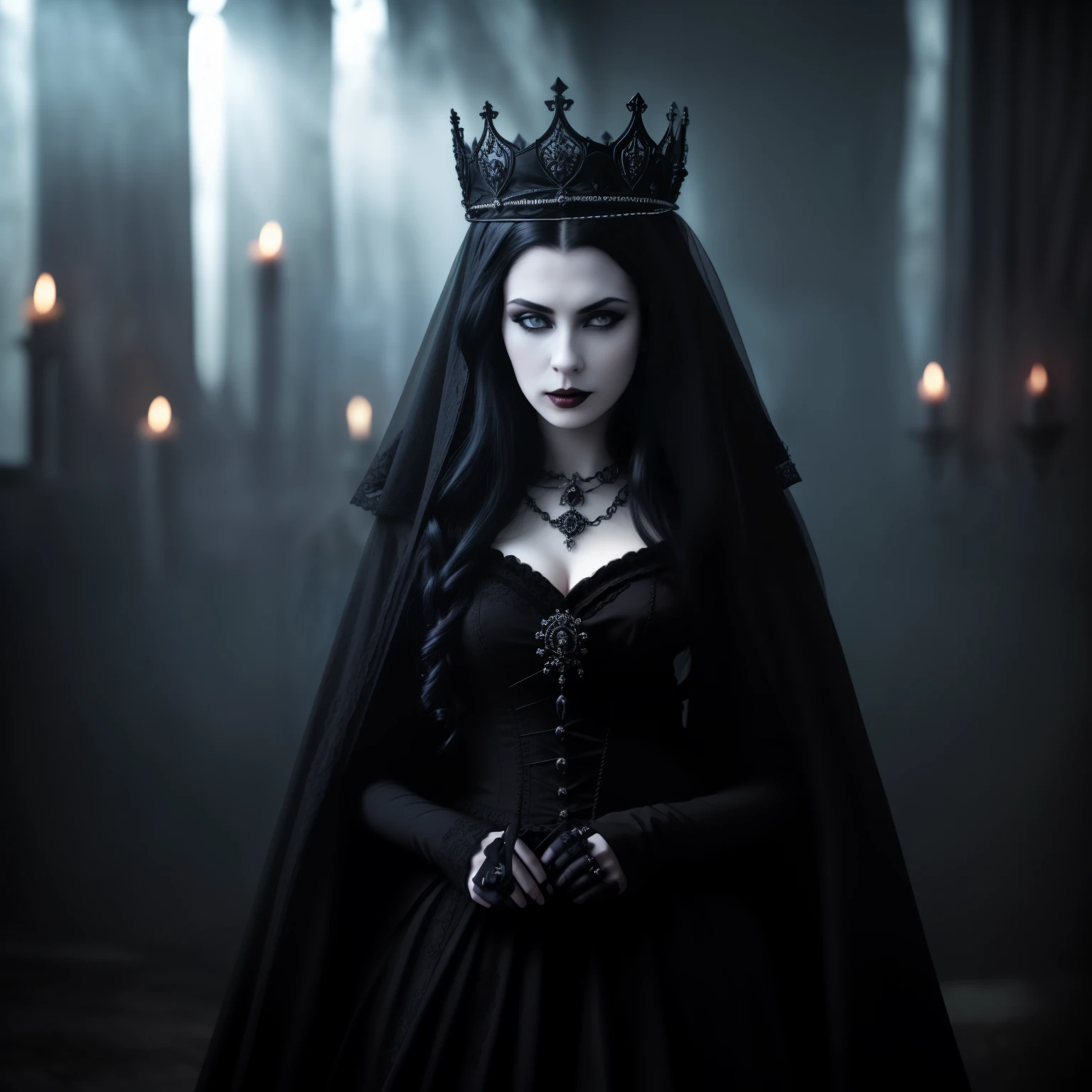 Arafed woman in a black dress and crown stands in a dark room, Beautiful female vampire queen, dark queen ready, beautiful vampire queen, elegant gothic princess, portrait of a gothic princess, scary queen of death, dark queen ready with blue eyes, gothic royal, Gothic Maid of Darkness, beautiful elegant demon queen, gothic art style, queen of death, Queen of Darkness