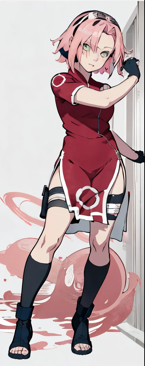 ((Best quality)), ((masterpiece)), ((details)), no background image, The image background is plain white, there is no background, perfect body, perfect face, sakura haruno, standing, looking at viewer, 1girl, solo, short hair, pink hair, green eyes, hands clenched into fists, black gloves, both hands clasped, qipao dress red colour with round white mark in the middle clothes, open dress, seen underwear, black underwear, tight shortpants, transparent shortpant, seen pussy, detail, white thigh tie on right thigh, black high boot, black high knee sock, realistic, ultra high image quality, 8k, 8k wallpaper, 70mm lens camera.