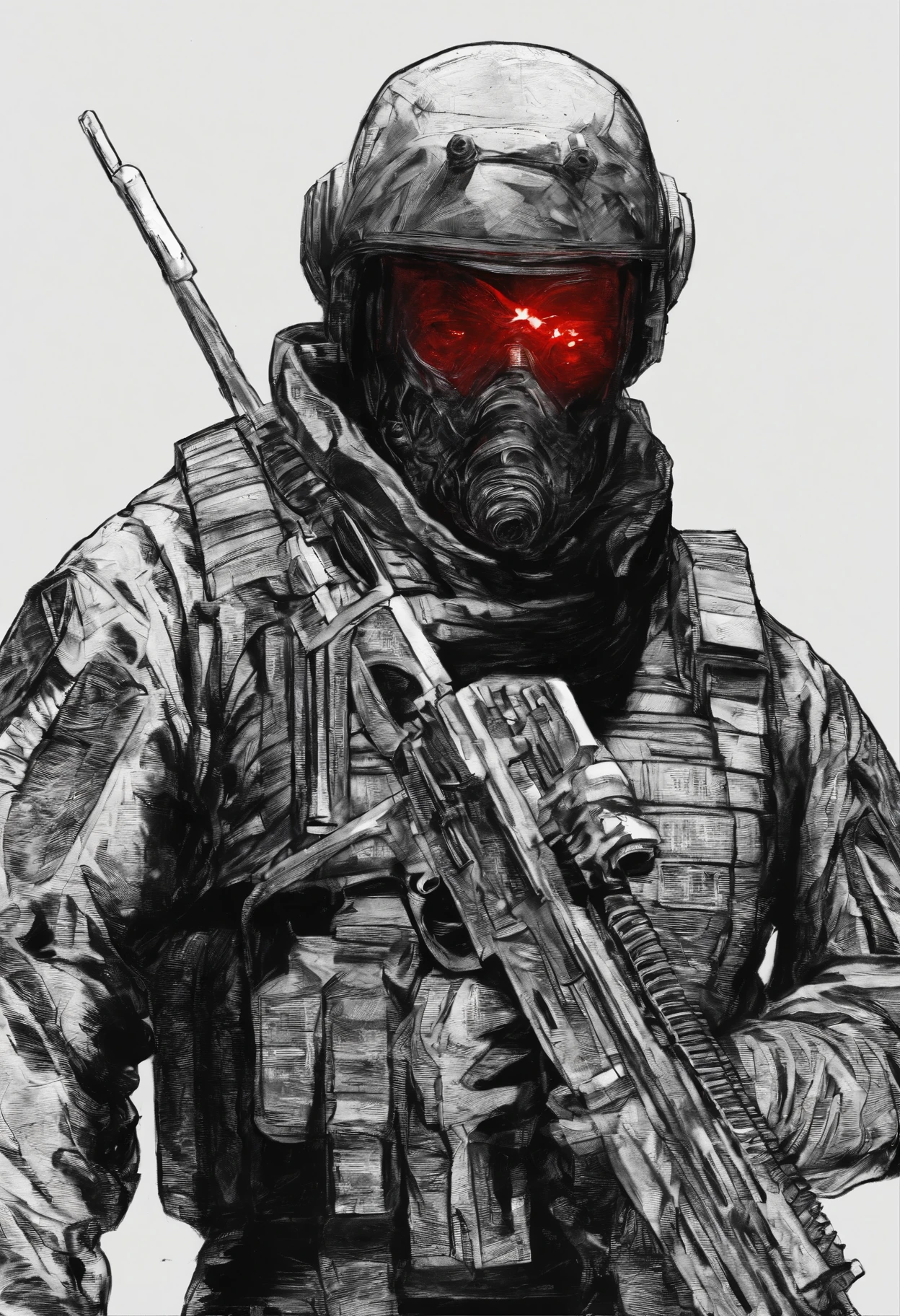 Angry modern special soldier character sketch, surreal, artistic, black red and white,Narrowed pupils,Blood,scar,silent,Red glowing eyes,east asian man face,Underground garage,dim lights