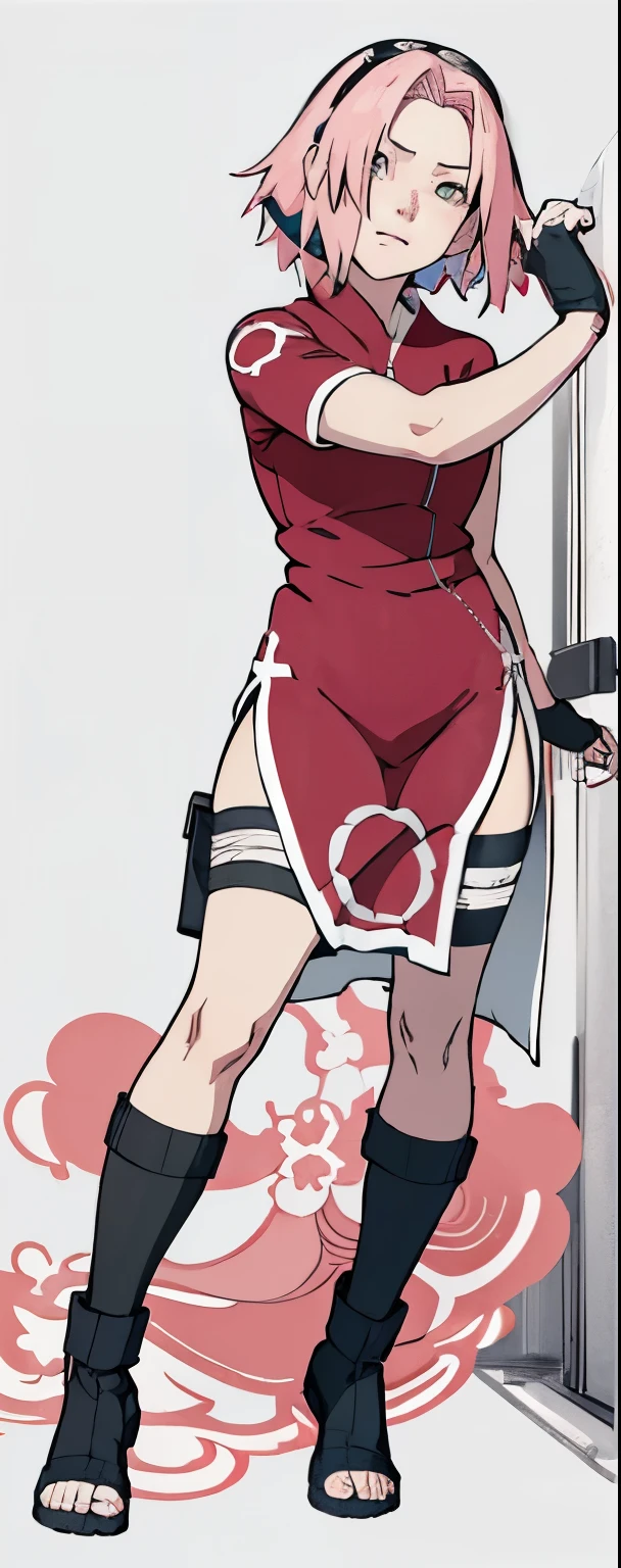 ((Best quality)), ((masterpiece)), ((details)), no background image, The image background is plain white, there is no background, perfect body, perfect face, sakura haruno, standing, looking at viewer, 1girl, solo, short hair, pink hair, green eyes, hands clenched into fists, black gloves, both hands clasped, qipao dress red colour with round white mark in the middle clothes, open dress, seen underwear, black underwear, tight shortpants, transparent shortpant, seen pussy, detail, white thigh tie on right thigh, black high boot, black high knee sock, realistic, ultra high image quality, 8k, 8k wallpaper, 70mm lens camera.