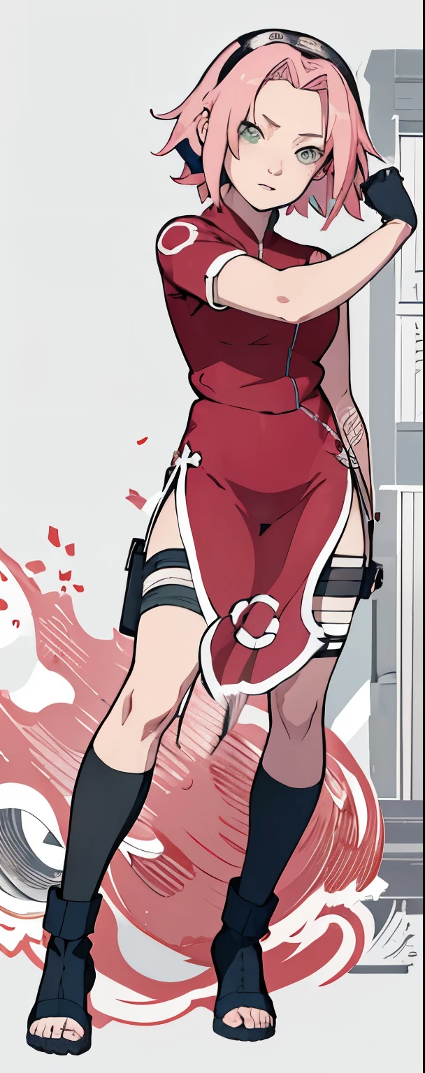((Best quality)), ((masterpiece)), ((details)), no background image, The image background is plain white, there is no background, perfect body, perfect face, sakura haruno, standing, looking at viewer, 1girl, solo, short hair, pink hair, green eyes, hands clenched into fists, black gloves, both hands clasped, qipao dress red colour with round white mark in the middle clothes, open dress, seen underwear, black underwear, tight shortpants, transparent shortpant, seen pussy, detail, white thigh tie on right thigh, black high boot, black high knee sock, realistic, ultra high image quality, 8k, 8k wallpaper, 70mm lens camera.