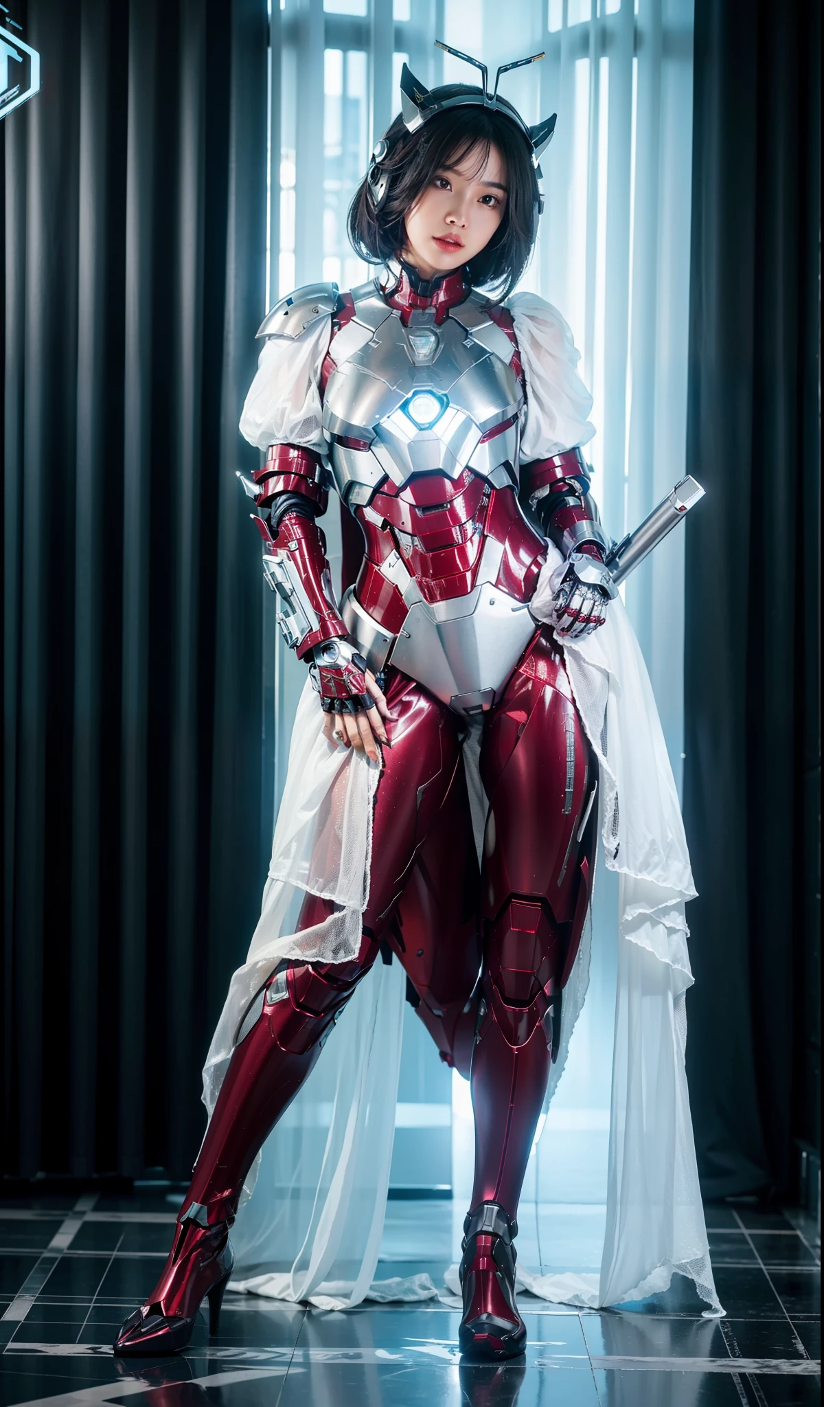 Futuristic high-tech style，best quality,Fairy skin,(Every time :1.2),Everlasting,super detailed,actual,high quality,light lighting,Ray tracing,ultra high definition,upper part of body, Future Iron Man mecha，shooting，battery，Launching equipment，Large-caliber artillery，Ros Tran 8K，Mecha Cyber Armor Girl,Wearing a cyberpunk technology helmet，Star Warframe Helmet，There is a breathing light on the body，The armor of the future shines，armed cannon，High-tech warframe，