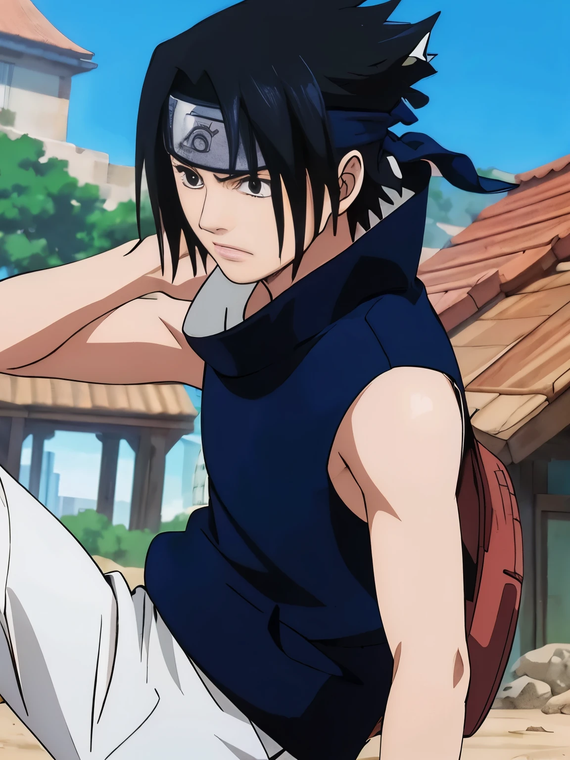 Highres, Masterpiece, Best quality at best,High-quality illustrations, Best Quality, Anime style, Sasuke uchiha , Sleeveless hoodie, Uhd