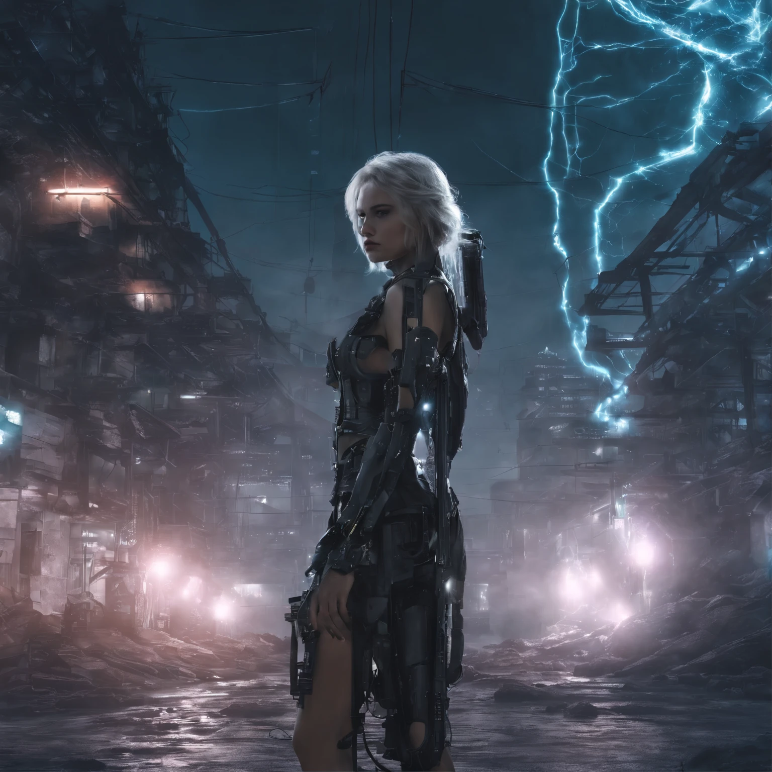 woman looking at camera、((super long exposure photography)) high quality, きわめてdetailed, １００with colorful neon dots on the body１００Beautiful pure naked body１００silhouette of woman, Beautiful silhouette of a space base and an abandoned robot factory hit by a tsunami, Digital city and other electronic devices raining electrons in the background, by Asakura, detailed,