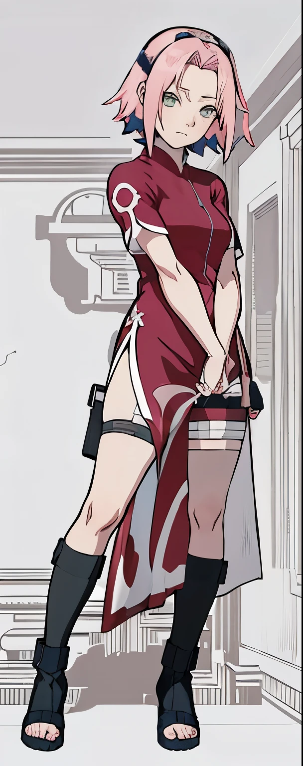 ((Best quality)), ((masterpiece)), ((details)), no background image, The image background is plain white, there is no background, perfect body, perfect face, sakura haruno, standing, looking at viewer, 1girl, solo, short hair, pink hair, green eyes, hands clenched into fists, black gloves, both hands clasped, qipao dress red colour with round white mark in the middle clothes, open dress, seen underwear, black underwear, tight shortpants, transparent shortpant, seen pussy, detail, white thigh tie on right thigh, black high boot, black high knee sock, realistic, ultra high image quality, 8k, 8k wallpaper, 70mm lens camera.