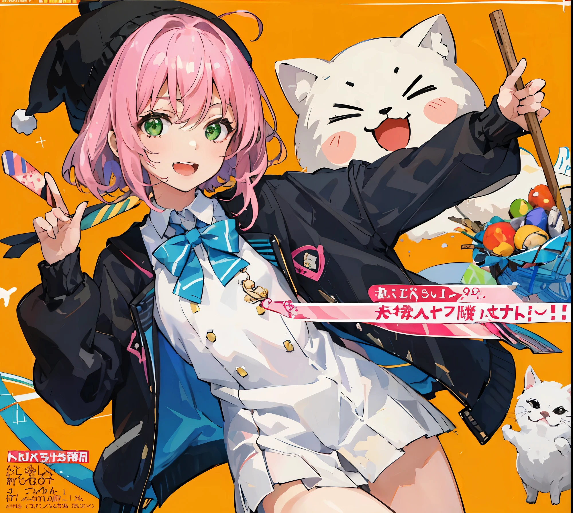 (highest quality, ),cute Kindergartener,small breasts, knit hat雑誌の表紙,Jacket photo,knit hatの女の子,two dimensional background, smileの女の子たち,knit hat姿, 18+, NSFW,Girls are happy, , wonderful, cute, smile, audience, article, shape, advertisement, magazine title, Lily \(knit hat\), knit hatCMのadvertisement, Are standing, cowboy shot, looking at the viewer, green eyes, smile, V arm,