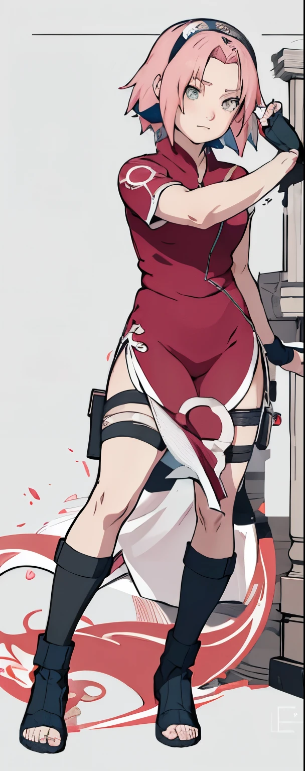 ((Best quality)), ((masterpiece)), ((details)), no background image, The image background is plain white, there is no background, perfect body, perfect face, sakura haruno, standing, looking at viewer, 1girl, solo, short hair, pink hair, green eyes, hands clenched into fists, black gloves, both hands clasped, qipao dress red colour with round white mark in the middle clothes, open dress, seen underwear, black underwear, tight shortpants, transparent shortpant, seen pussy, detail, white thigh tie on right thigh, black high boot, black high knee sock, realistic, ultra high image quality, 8k, 8k wallpaper, 70mm lens camera.