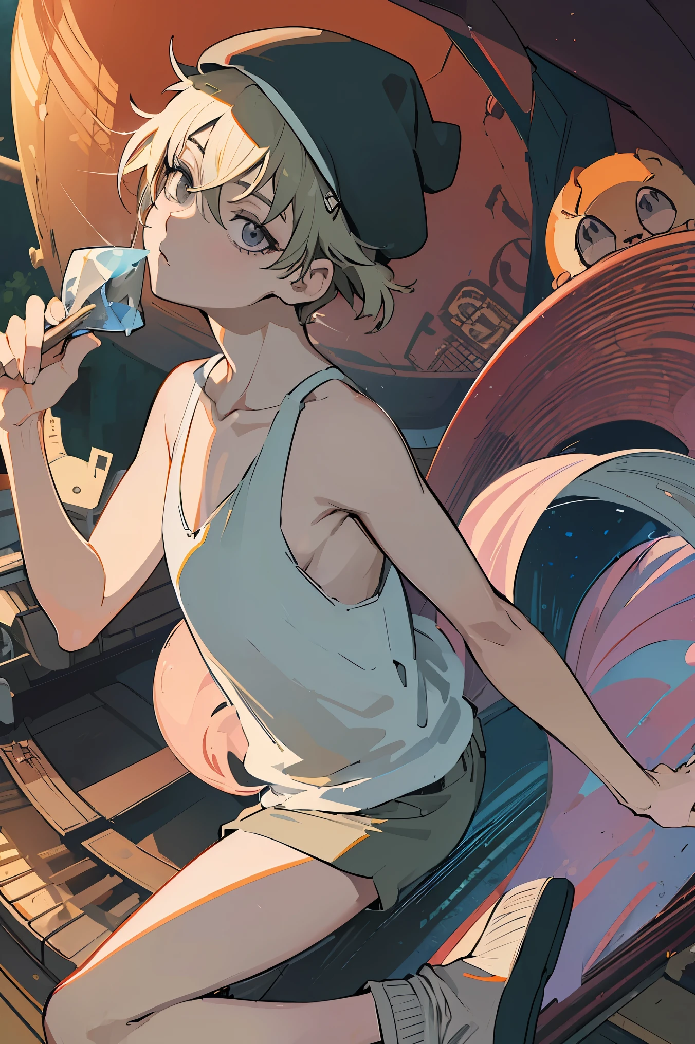 (masterpiece、highest quality、official art:1.2)、view audience、（10 years old）(A boy with a small unpeeled penis))、（Precum comes out of my penis...）knit hat（Showing off a tank top and shorts，flat chest，colorless hair）（Session with Aurora on the live stage）（Background: A town where diamonds dance），genuine、(2D:1.5)