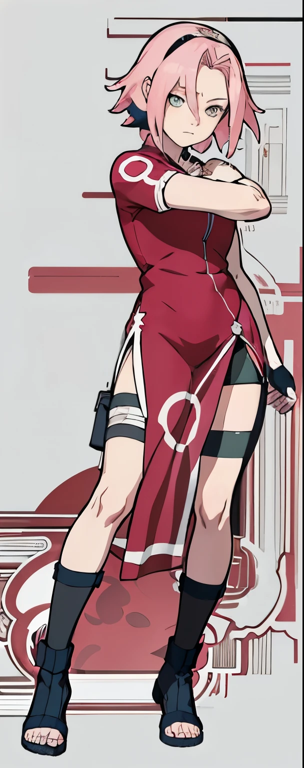 ((Best quality)), ((masterpiece)), ((details)), no background image, The image background is plain white, there is no background, perfect body, perfect face, sakura haruno, standing, looking at viewer, 1girl, solo, short hair, pink hair, green eyes, hands clenched into fists, black gloves, both hands clasped, qipao dress red colour with round white mark in the middle clothes, open dress, seen underwear, black underwear, tight shortpants, transparent shortpant, seen pussy, detail, white thigh tie on right thigh, black high boot, black high knee sock, realistic, ultra high image quality, 8k, 8k wallpaper, 70mm lens camera.