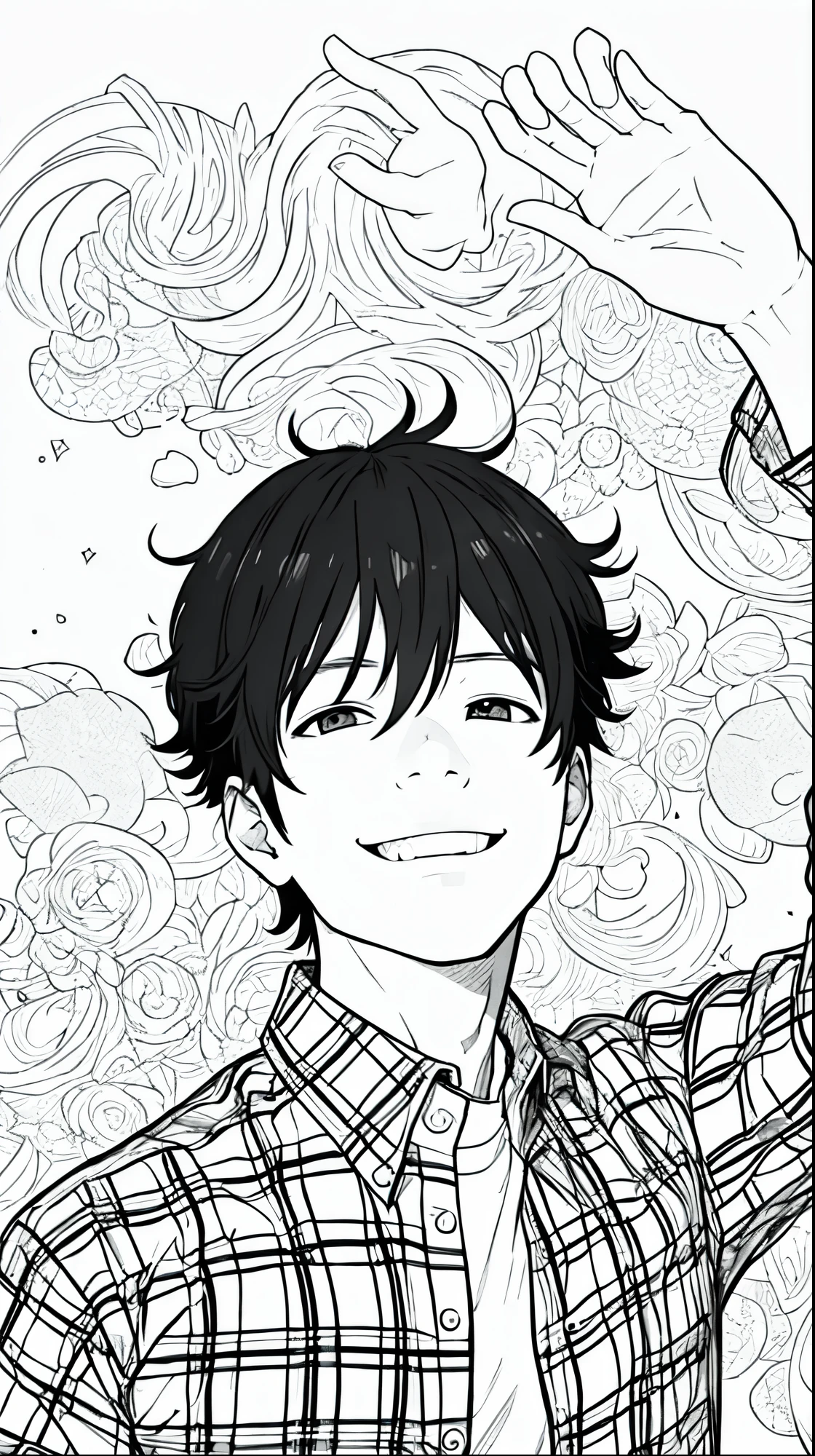 1boy, solo, black hair, wearing a red flannel shirt, smile, looking at viewer, lineart, monochrome, tatsuki fujimoto, manga