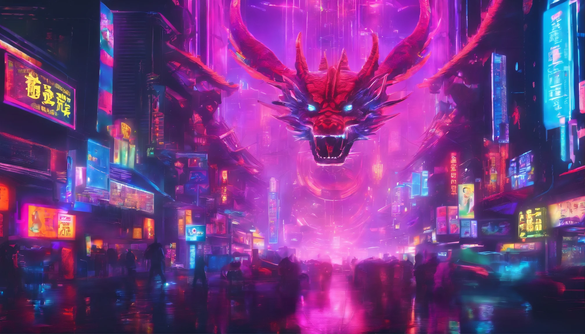 Chinese style elements，Oriental dragon image，Soar into the sky, There are colorful lights everywhere, They were delighted, (high contrast), (The era of fantasy world), People are shopping happily, New Year atmosphere, (Ray tracing, global illumination), (masterpiece:1.4), (energetic:1.2), Normal, complex，Rich in details, (Super detailed CG unified 8k wallpaper)，cyberpunk dragon