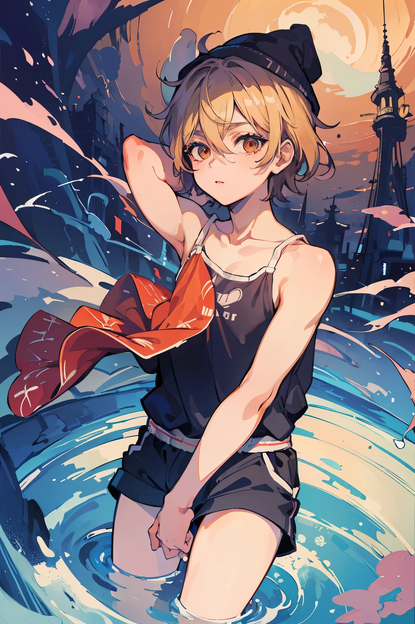 (masterpiece、highest quality、official art:1.2)、view audience、（）(A boy with a small unpeeled penis))、（Precum comes out of my penis...）knit hat（Showing off a tank top and shorts，flat chest，colorless hair）（Session with Aurora on the live stage）（Background: A town where diamonds dance），genuine、(2D:1.5)