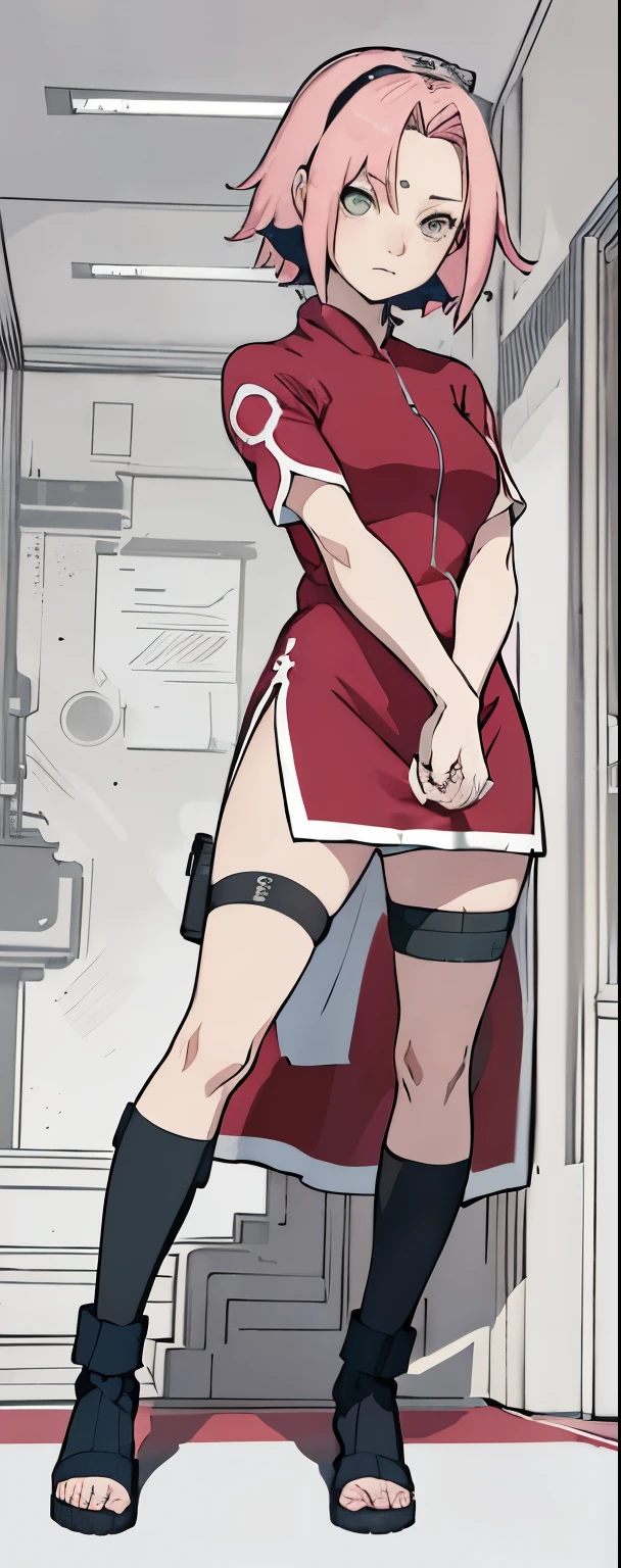((Best quality)), ((masterpiece)), ((details)), no background image, The image background is plain white, there is no background, perfect body, perfect face, sakura haruno, standing, looking at viewer, 1girl, solo, short hair, pink hair, green eyes, hands clenched into fists, black gloves, both hands clasped, qipao dress red colour with round white mark in the middle clothes, open dress, seen underwear, black underwear, tight shortpants, transparent shortpant, seen pussy, detail, white thigh tie on right thigh, black high boot, black high knee sock, realistic, ultra high image quality, 8k, 8k wallpaper, 70mm lens camera.