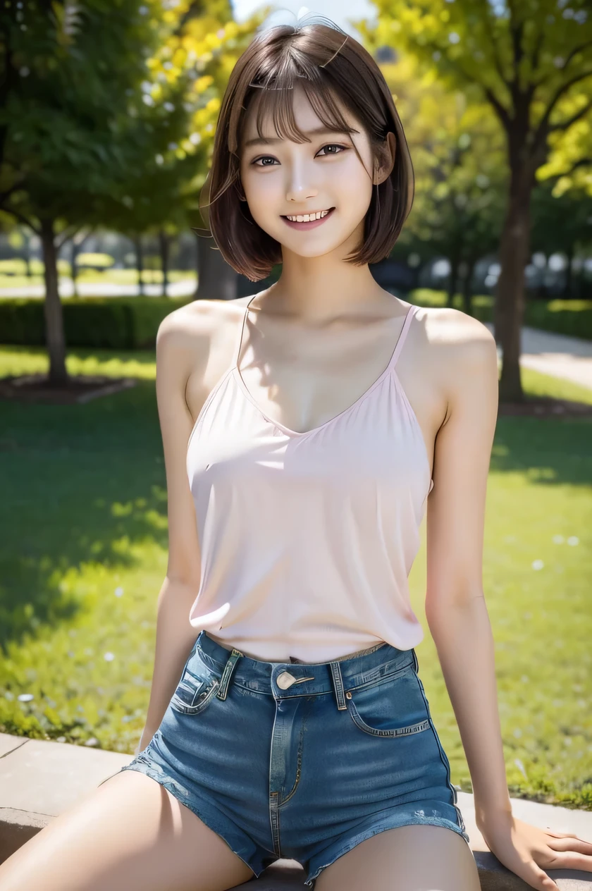 one girl, (a beauty girl, delicate girl:1.3), (************, gal:1.3), (pink dress, denim shorts:1.2), very fine eye definition, (symmetrical eyes:1.3), stare at the camera, A big smile, show teeth, (park view:1.2), small breasts, brown short hair, girl, (eyes and faces with detailed:1.0), (masterpiece, best quality, ultra detailed, detailed face, 8k), cowboy shot from bottom, spread legs on the park