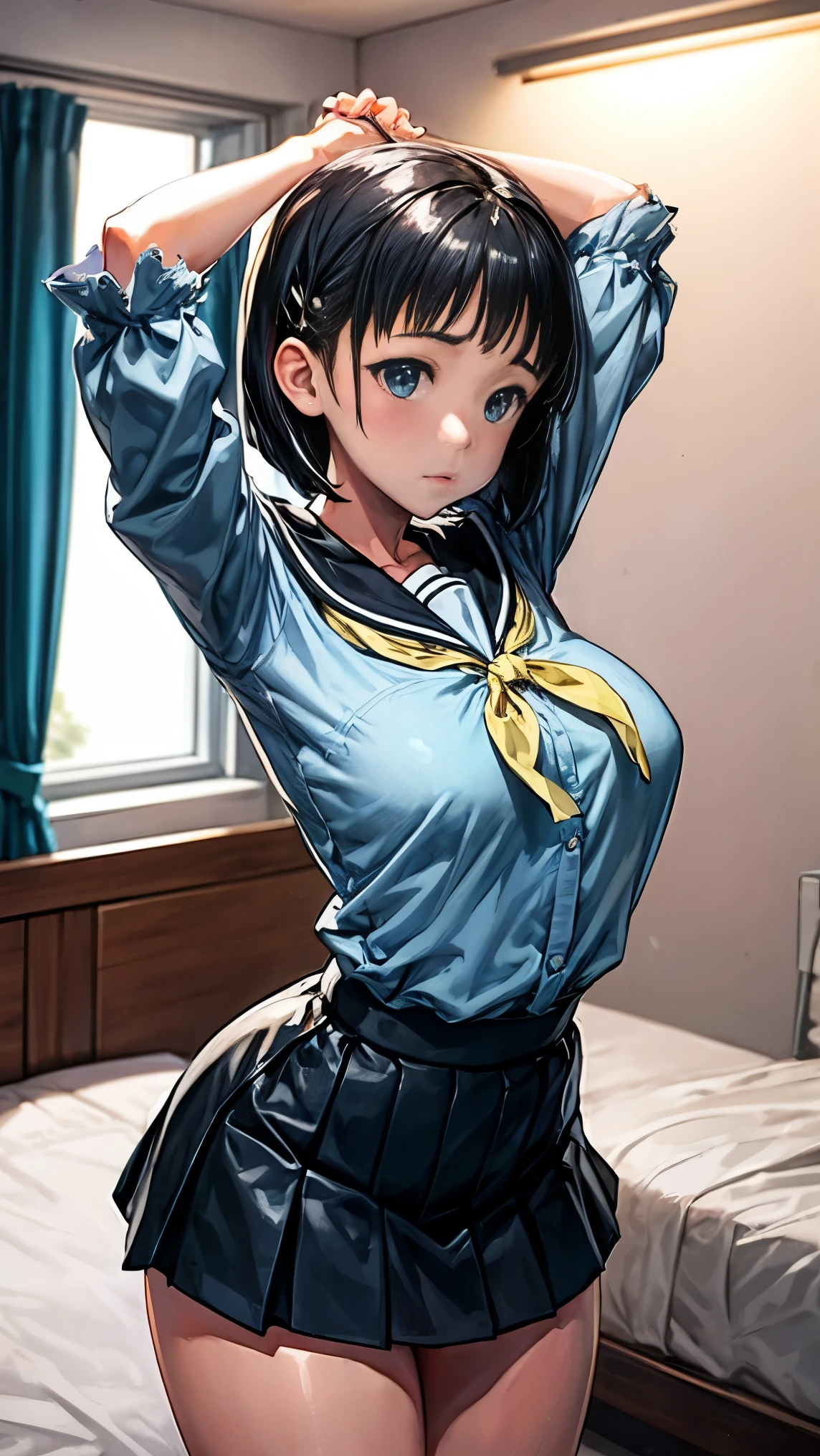 highest quality、one girl、、full body figure、very big boobs,big ,perfect 5-fingered hands、Kirigaya Suguha, black hair, school uniform, skirt, short sleeves,shy face、perfect thing、big breasts、perfect arms、perfect legs、detailed description、small details、detailed face、white skin、Voluptuous legs、Bed、M-shaped legs、whitepanty、I can see your panties、Skirt flip、lift skirt、short hair、black hair、erotic pose