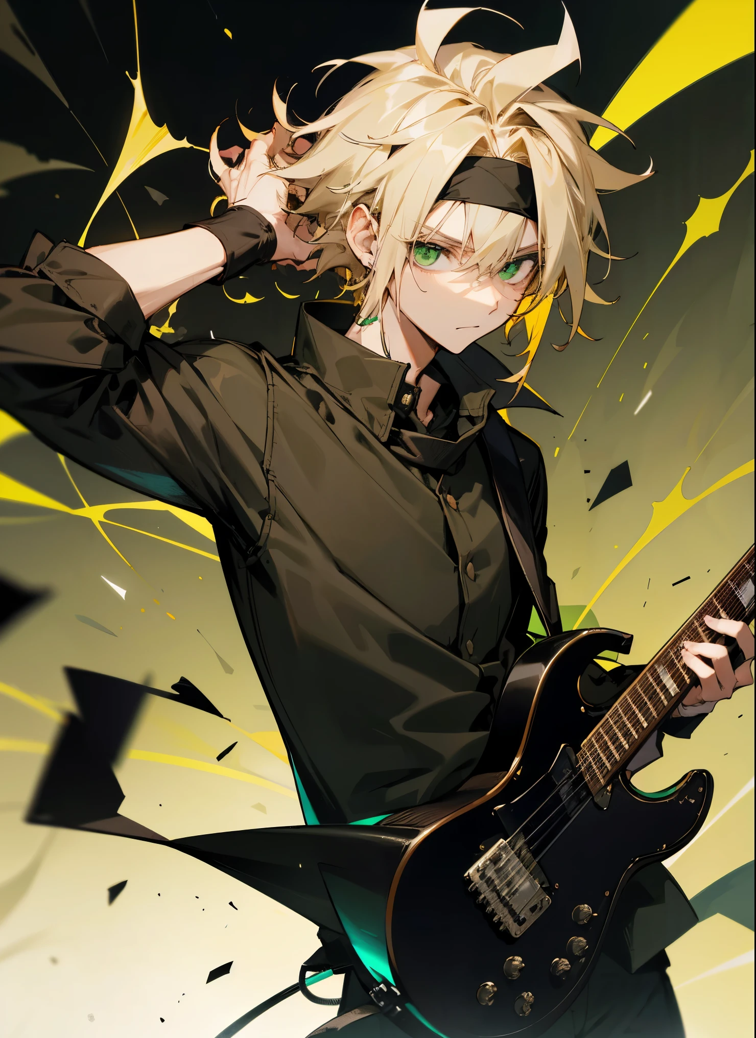 1male , Young Male , Messy Blonde Hair , Spiky, Green Eyes , Black Baggy Longsleeve Shirt , Black Headband , Black Wristbands , Holding an Electric Guitar