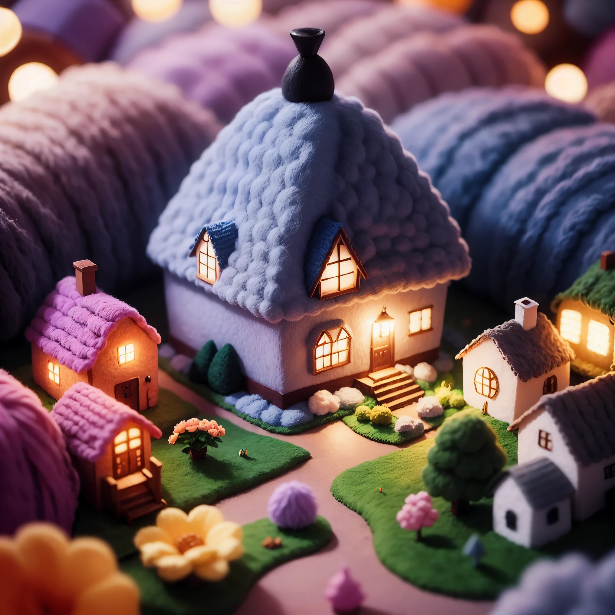cute world of wool felt, wool knitted fabric, cartoon, some small houses, barracks, warehouses, flower houses, super cute, superb lighting, volumetrics, Ghibli Studio style, Tilt -shift, 80mm lens, Large aperture, 3d, blender, masterpiece, super detail, best quality