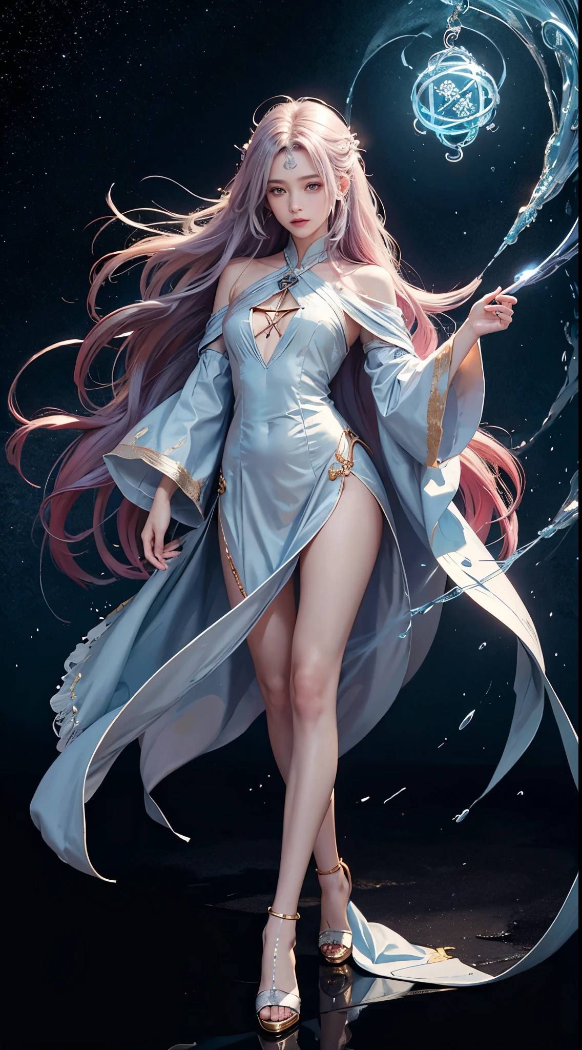 The perfect human structure、Blowing in the wind、long whitr hair、abyss eyes、glowy skin、oiled、、Wizard robes、Tattered fabric、Realistic coat、Think、Super delicate CG Unity 32k wallpaper、tmasterpiece, ((ultra - detailed)), ((illustratio)),Extremely colorful,the wallpaper,energy,Unknown terror,mind bending,Around the magic,Magical environment,wands,Boken,Flight page,Know it all,Predicting the future、Learn about the past、Infinite wisdom、Blue Flame、Warlock、Magic Circles、pentacle、Spells、mantra、Singing magic,Holy light、Pure、There are also elastic messages, Overcoming and hope. breasts are small,B size、slenderness、The chest is open、The eyes are twofold(A detailed eye), beautiful with detail、Hair that flutters in the wind、Maroon gradient hair color、The hair is silvery graded、high-heels、Gold-tone anklet、Large dial background、Beautiful girl walking on large dial。